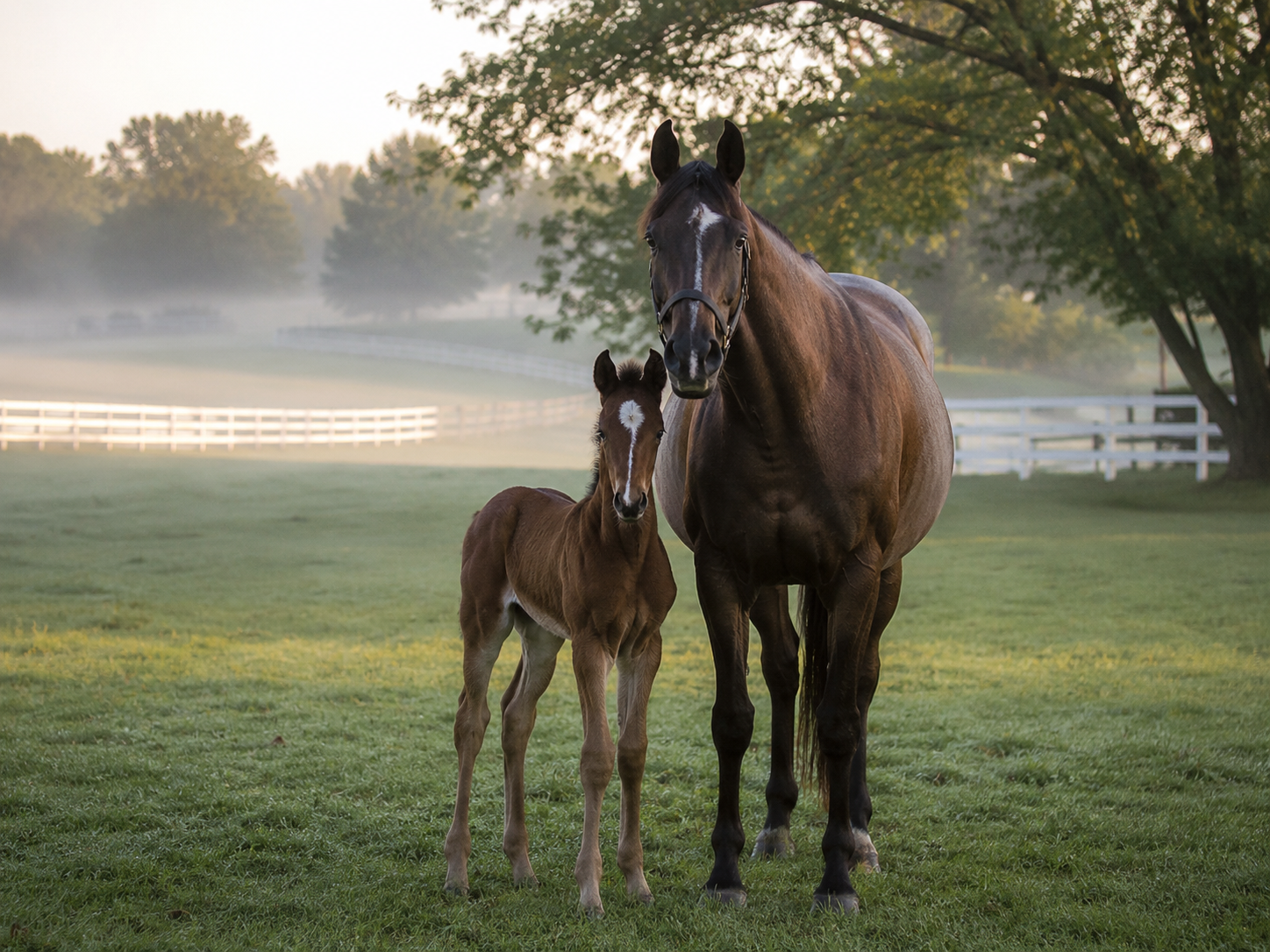 A mare and foal stand together on a lush green pasture at sunrise with misty trees and white fence.