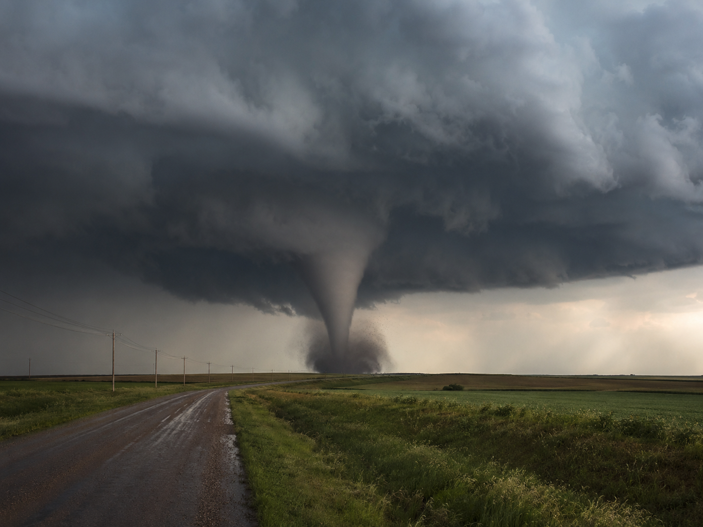 A massive tornado touches down over flat green fields near a rural road under dramatic dark storm clouds.