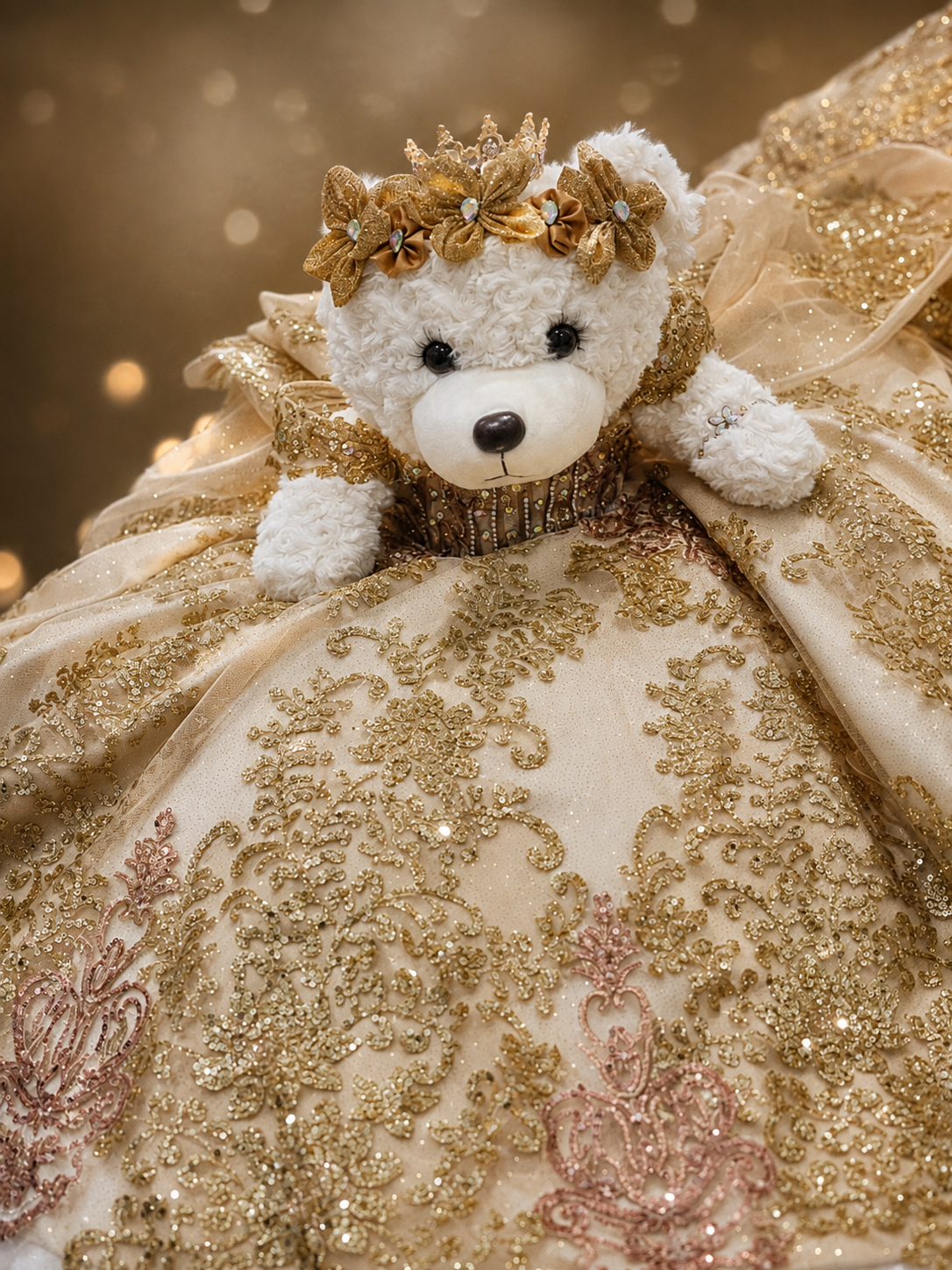 A plush white teddy bear wearing a gold crown and jeweled collar rests on an ornate gold embroidered ballgown.