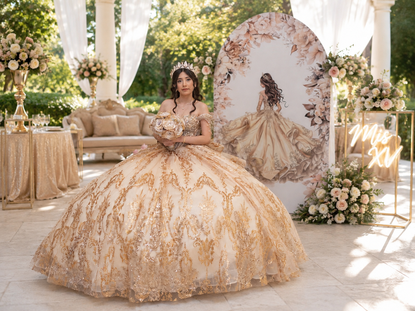 Young woman in ornate gold quinceañera ball gown poses beside floral arch backdrop at elegant outdoor celebration.