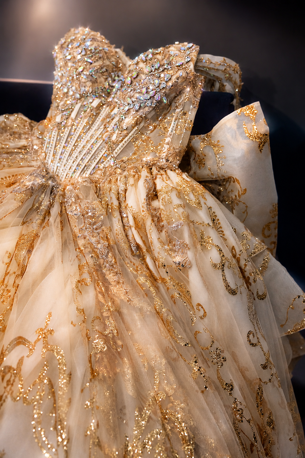 Luxurious gold embroidered ball gown with crystal beading and intricate floral patterns on display.
