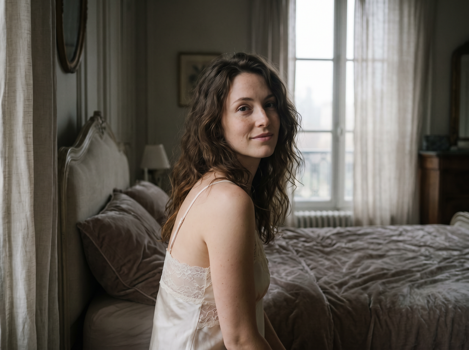 Young woman with wavy brown hair sitting on a bed in a softly lit bedroom wearing a white camisole.