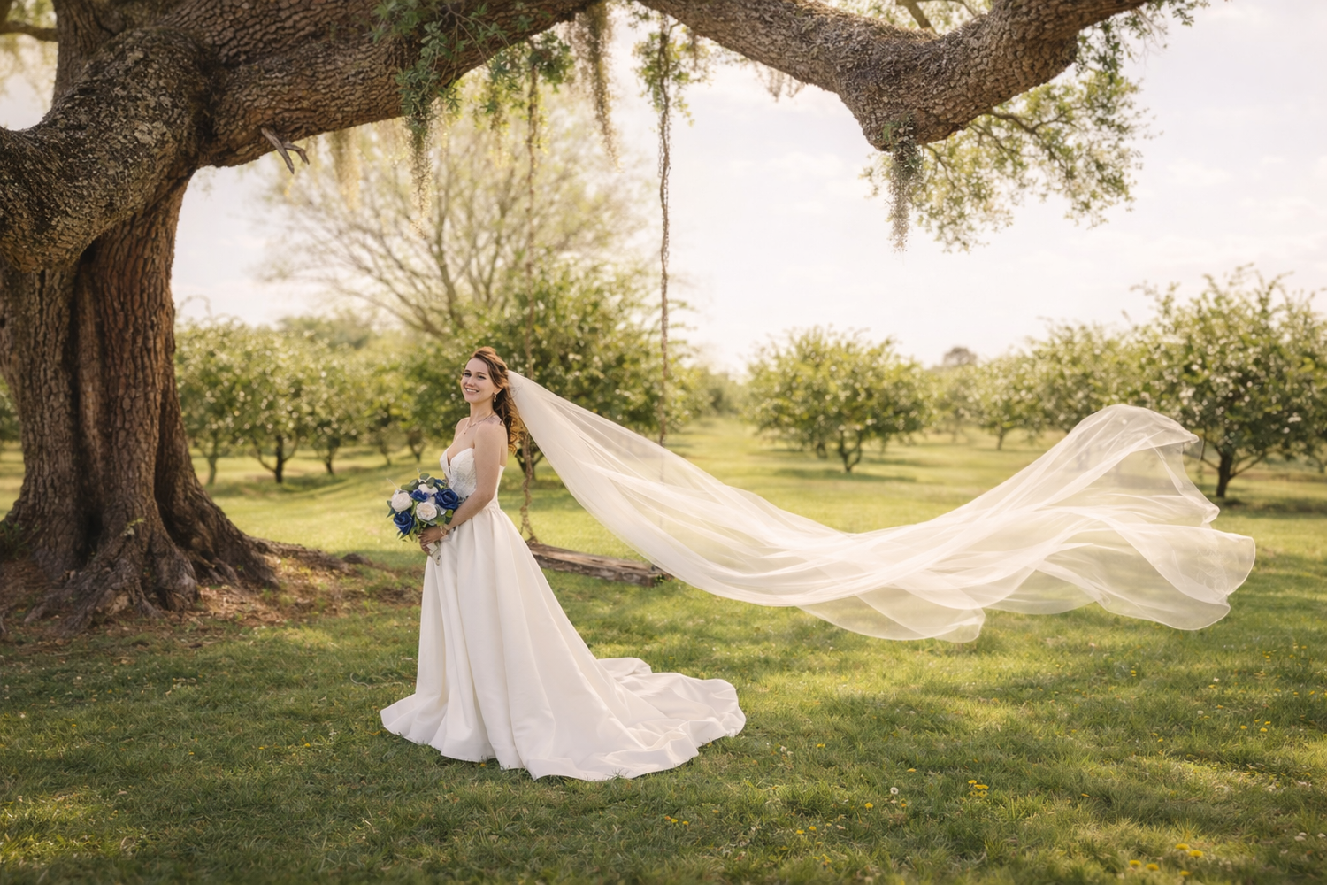 Bride in flowing white gown with veil blowing in wind stands under large oak tree in lush green garden.