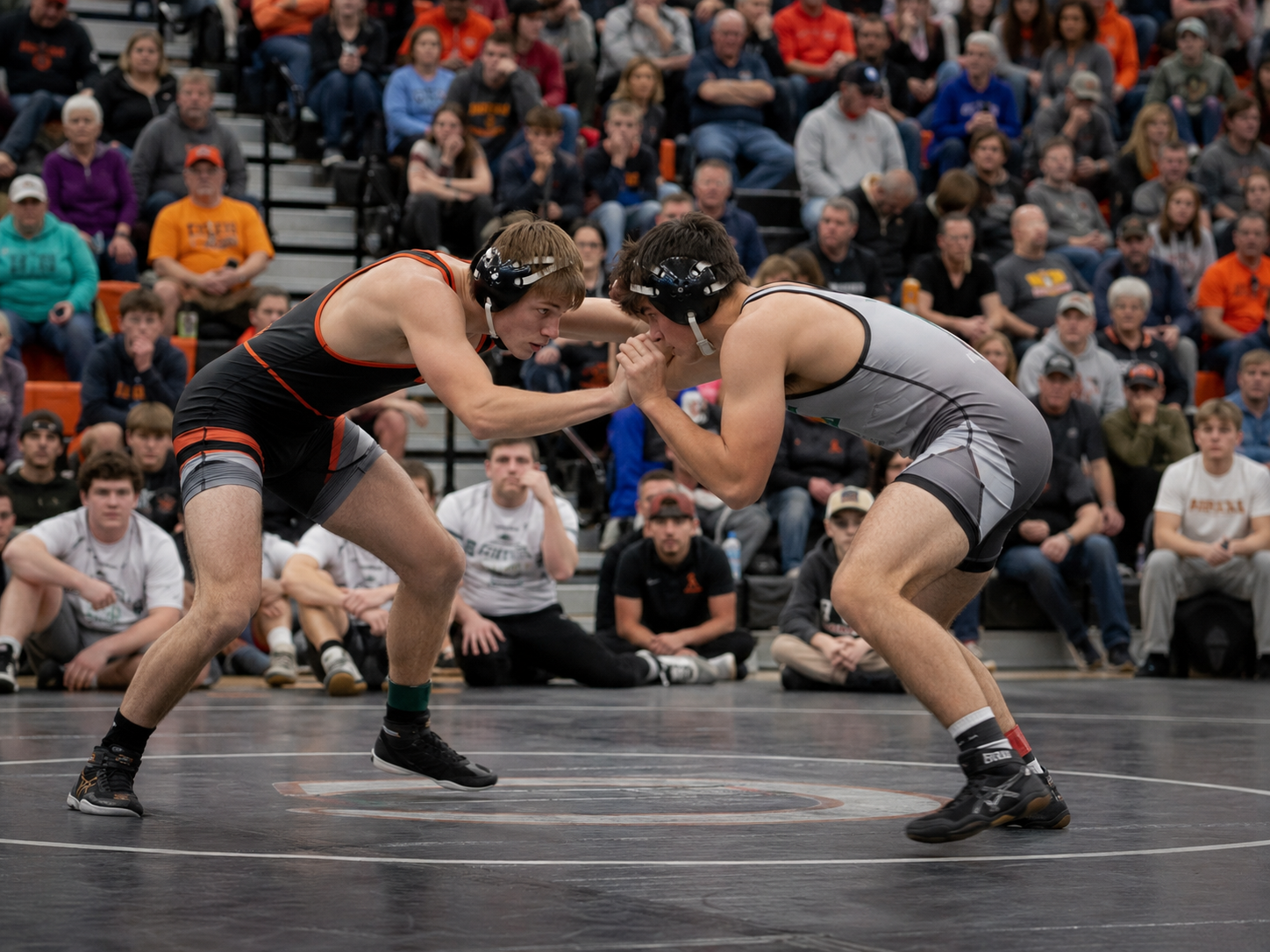 Two wrestlers compete in a high school wrestling match on the mat with a crowd of spectators in the background.