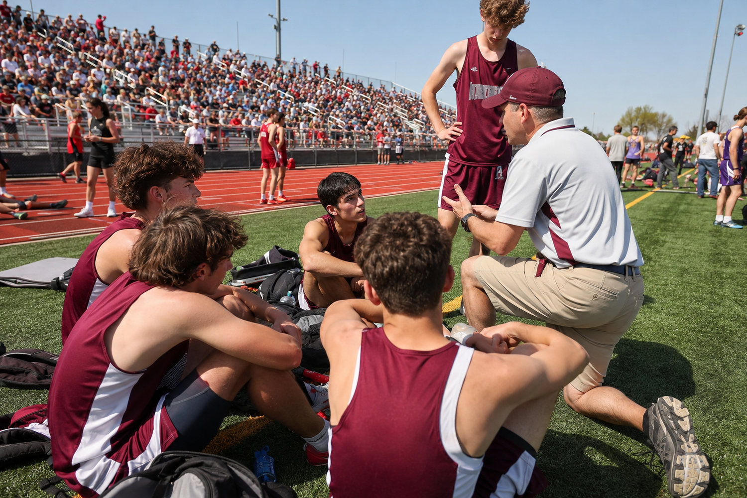 Coach huddles with track athletes on field during a sunny competitive meet with packed stadium bleachers in background.