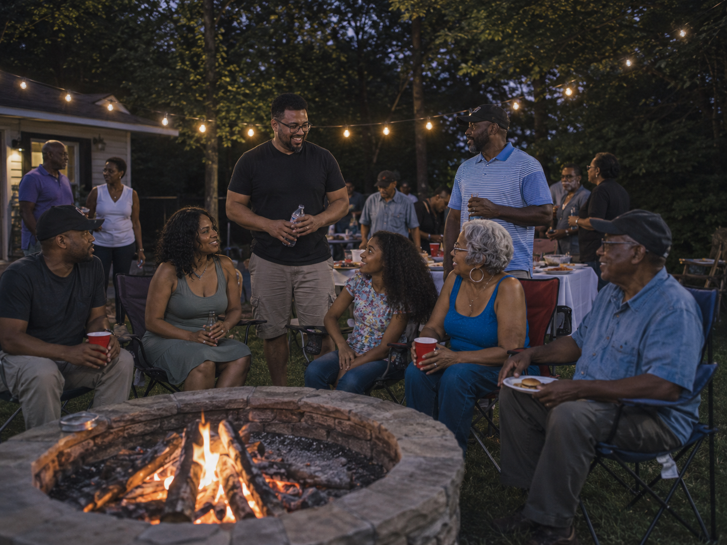 Family gathering around outdoor fire pit at dusk with string lights overhead.