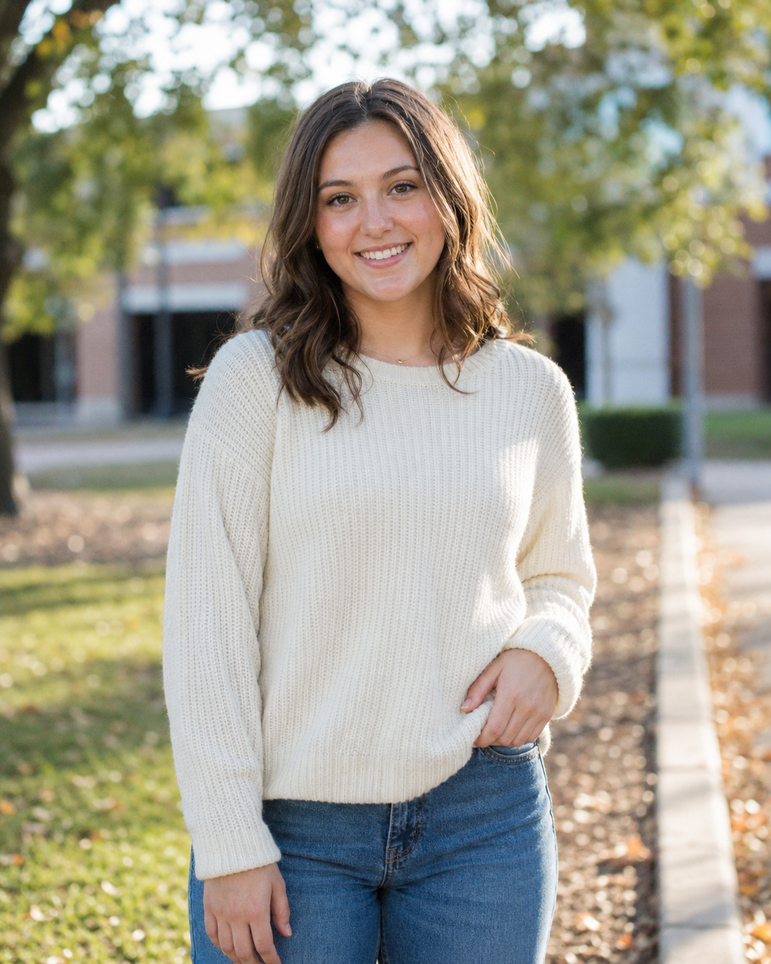 Young woman smiling in cream knit sweater and jeans on a sunny campus walkway.