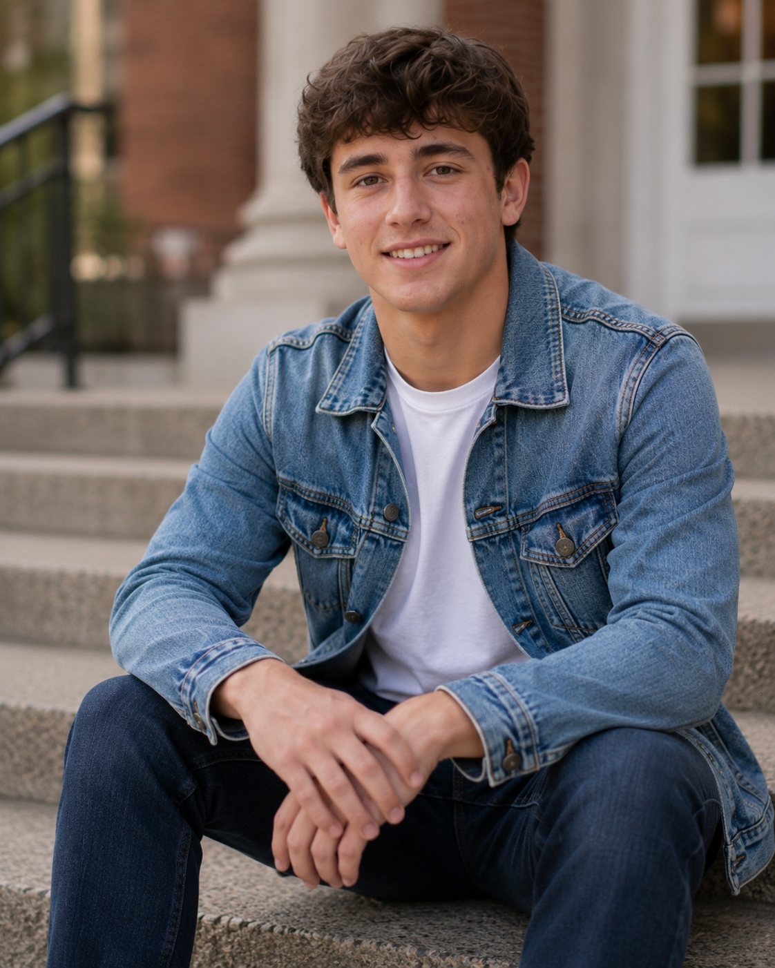 Young man in denim jacket and white shirt sits smiling on stone steps in a classic senior portrait photo.