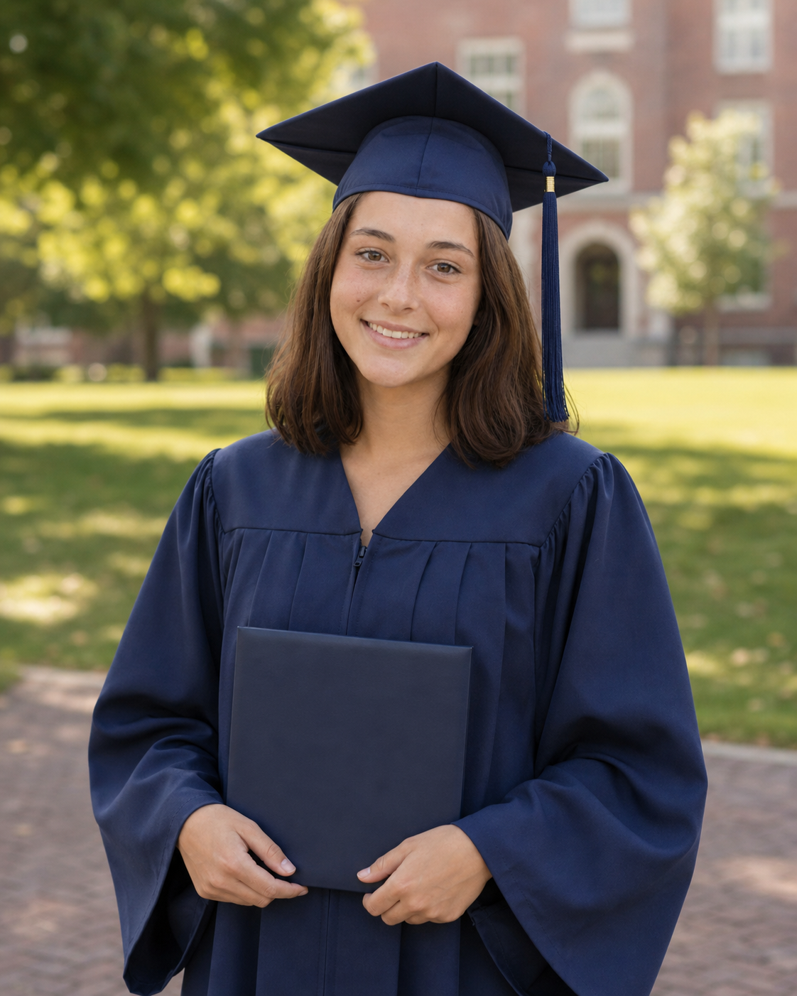 Smiling graduate in navy cap and gown holding diploma on college campus.