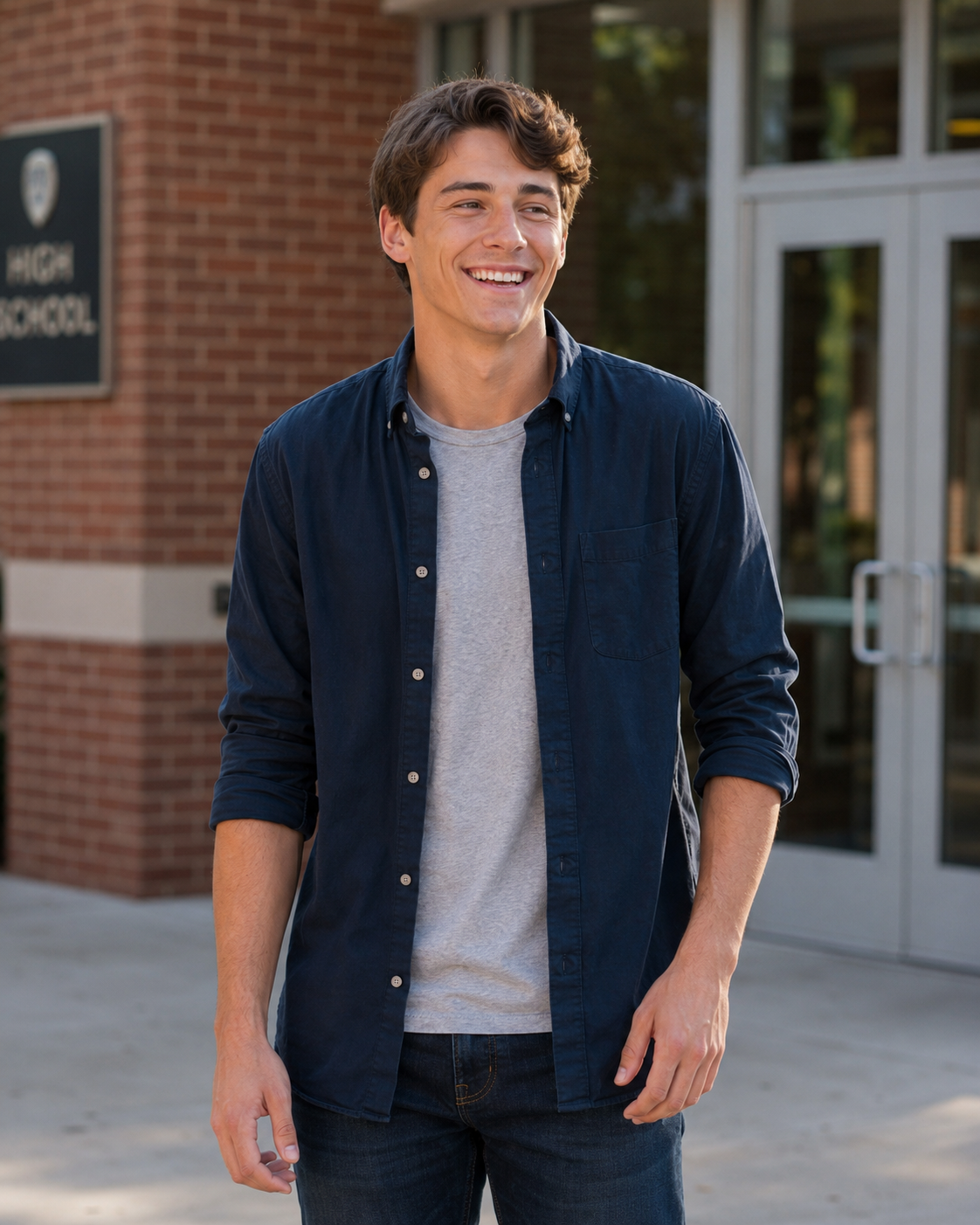 Smiling young man in navy button-up shirt and jeans standing outside a high school entrance.