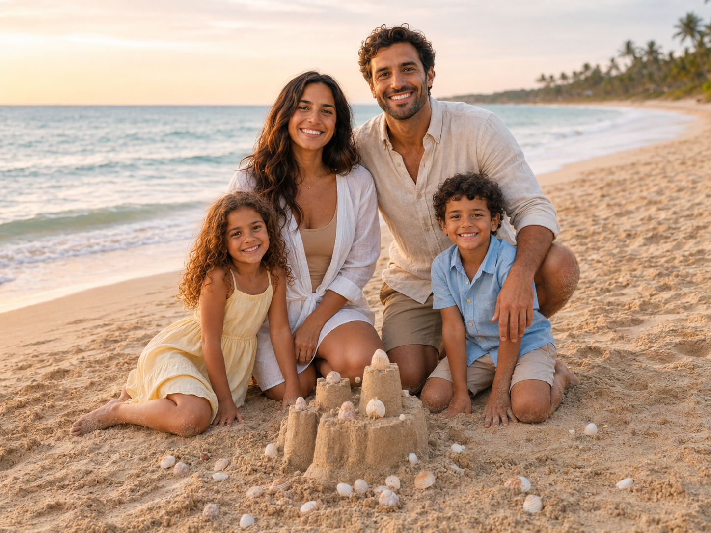 Family of four smiling on sandy beach at sunset, building sandcastle together.