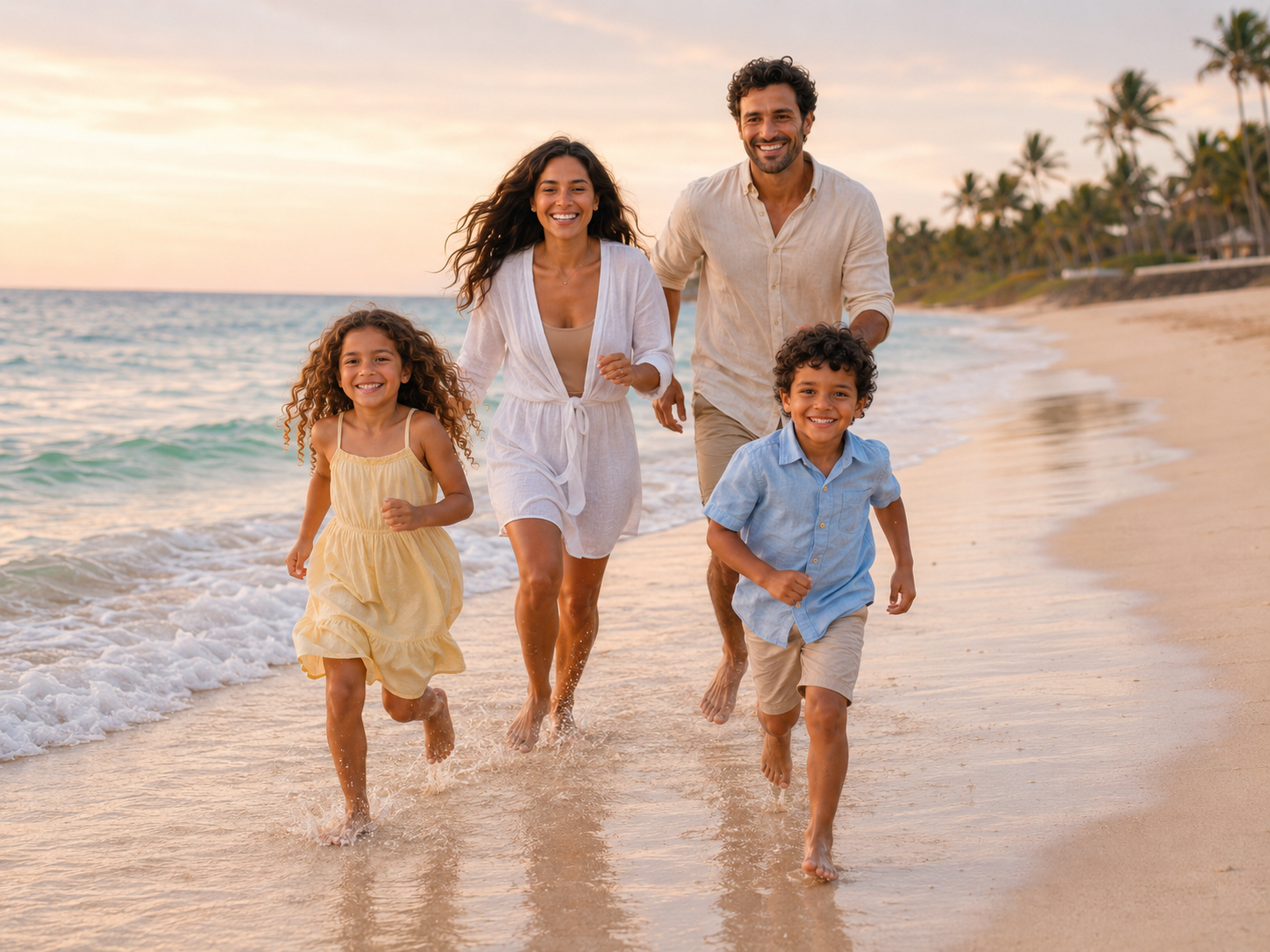 Joyful family of four running along a tropical beach at sunset, parents and two children laughing in the waves.