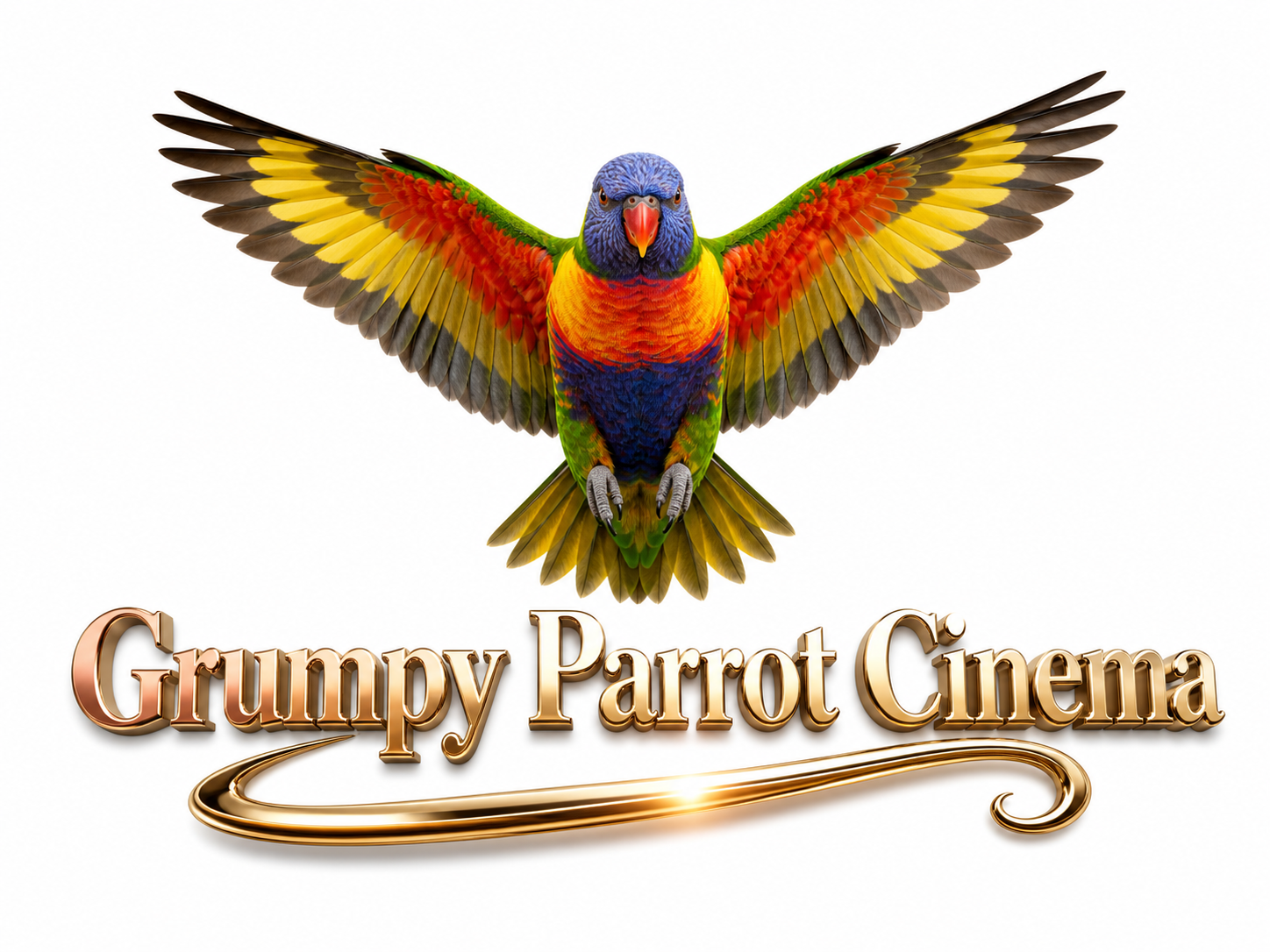 Grumpy Parrot Cinema logo featuring a colorful rainbow lorikeet with spread wings above gold text.