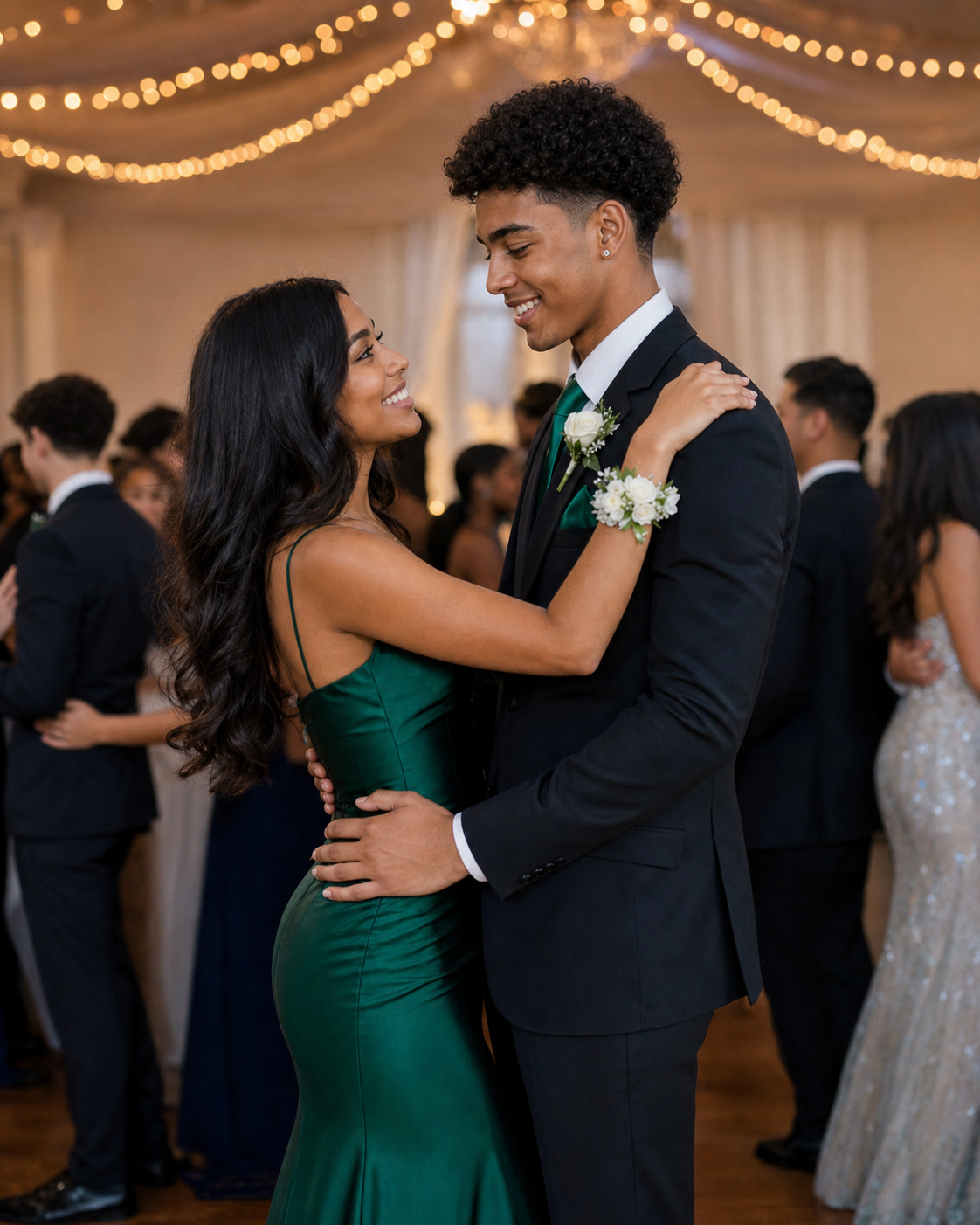A couple slow dancing at prom, wearing a green gown and black tuxedo with boutonniere, under warm string lights.
