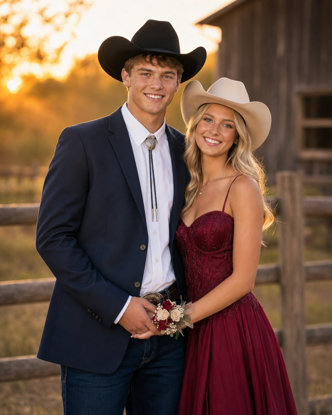 A young couple in Western attire, cowboy hats, and formal wear pose at golden hour near a rustic fence.