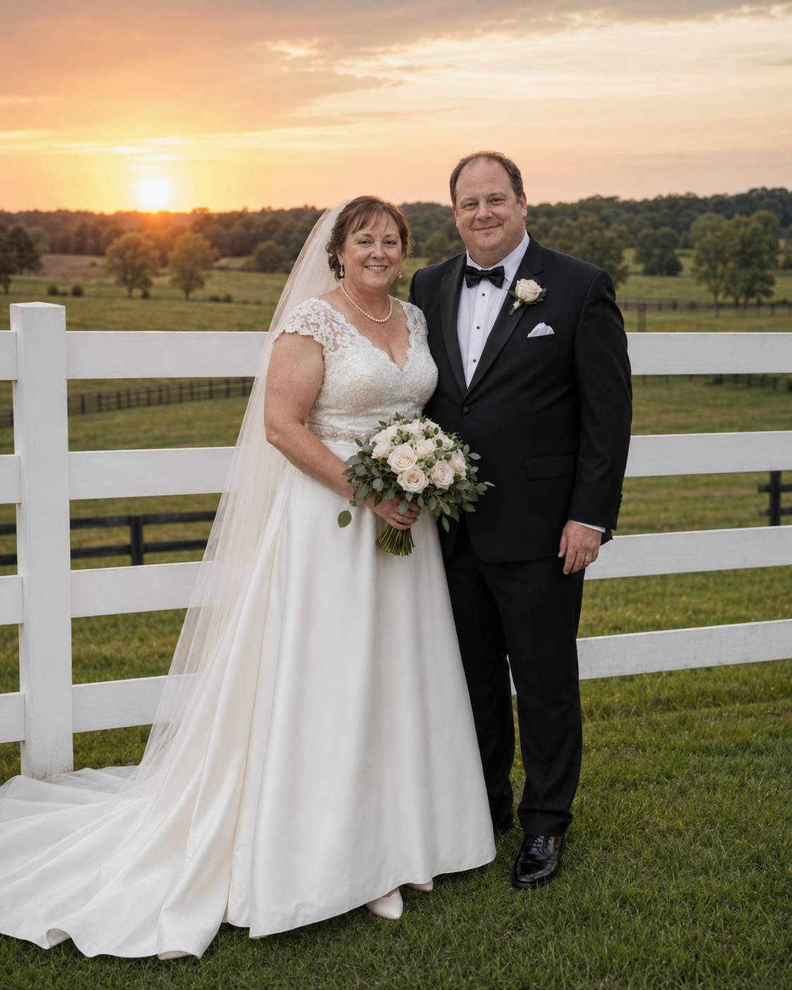 Bride and groom pose together at sunset beside white fence on scenic farm wedding venue.