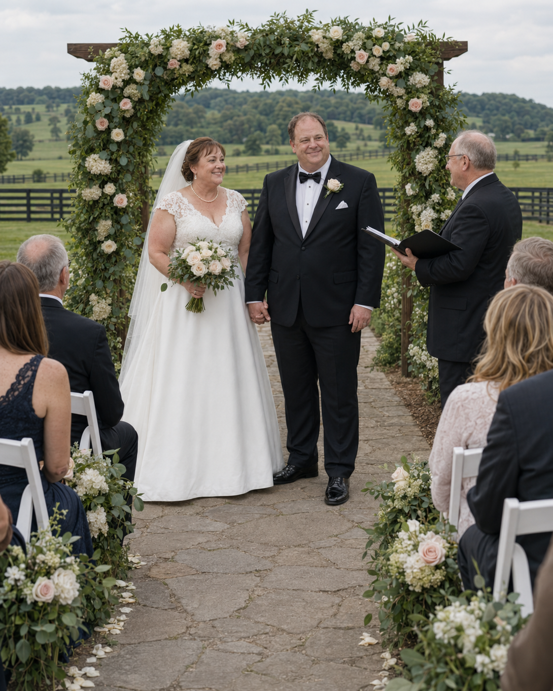 Bride and groom hold hands under flower-adorned arch during outdoor wedding ceremony with rolling hills.