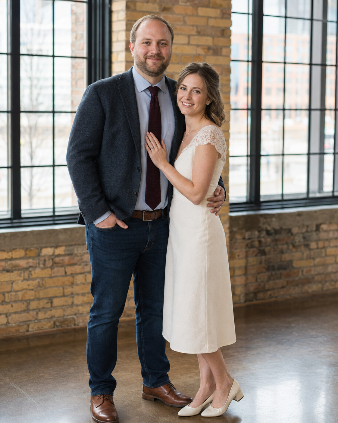 A couple poses together in a bright loft space, man in navy blazer and woman in white midi dress, smiling warmly.