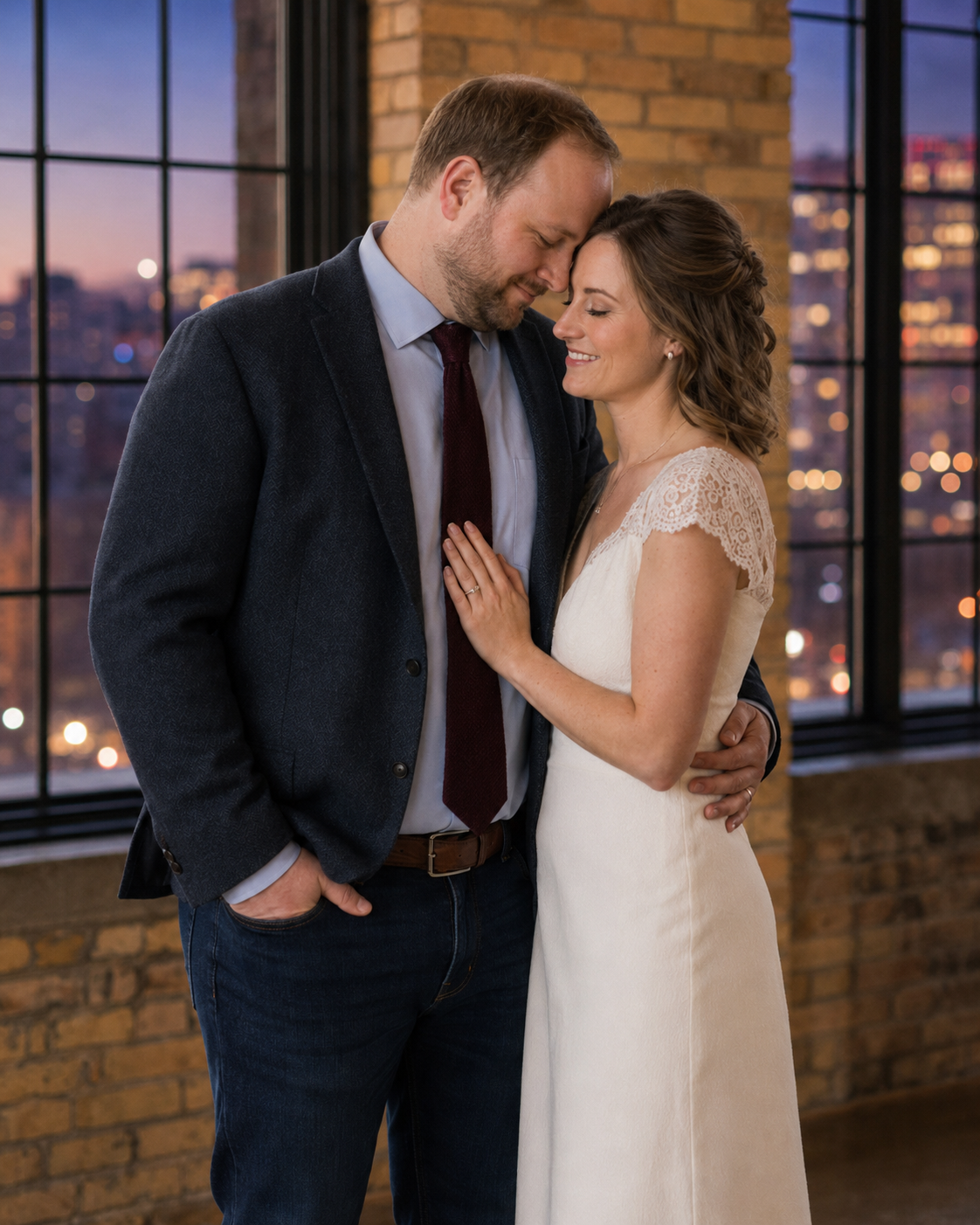 Couple in wedding attire sharing romantic moment by city window at dusk, woman in white dress, man in navy suit.