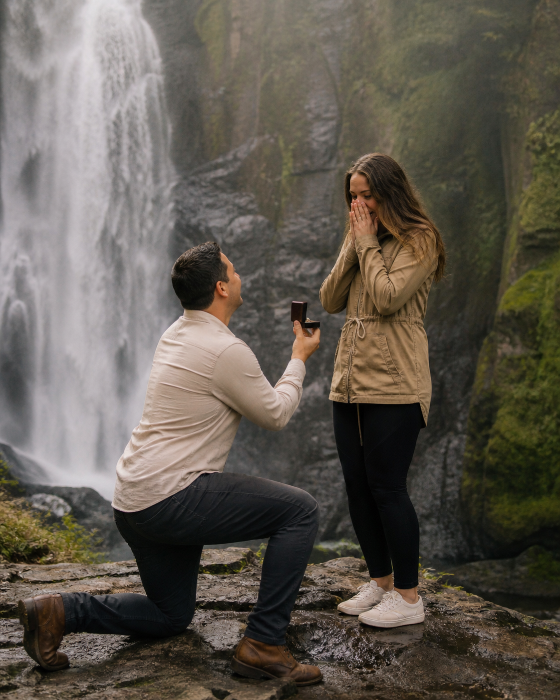 Man proposes on one knee holding ring box before woman at misty waterfall backdrop.