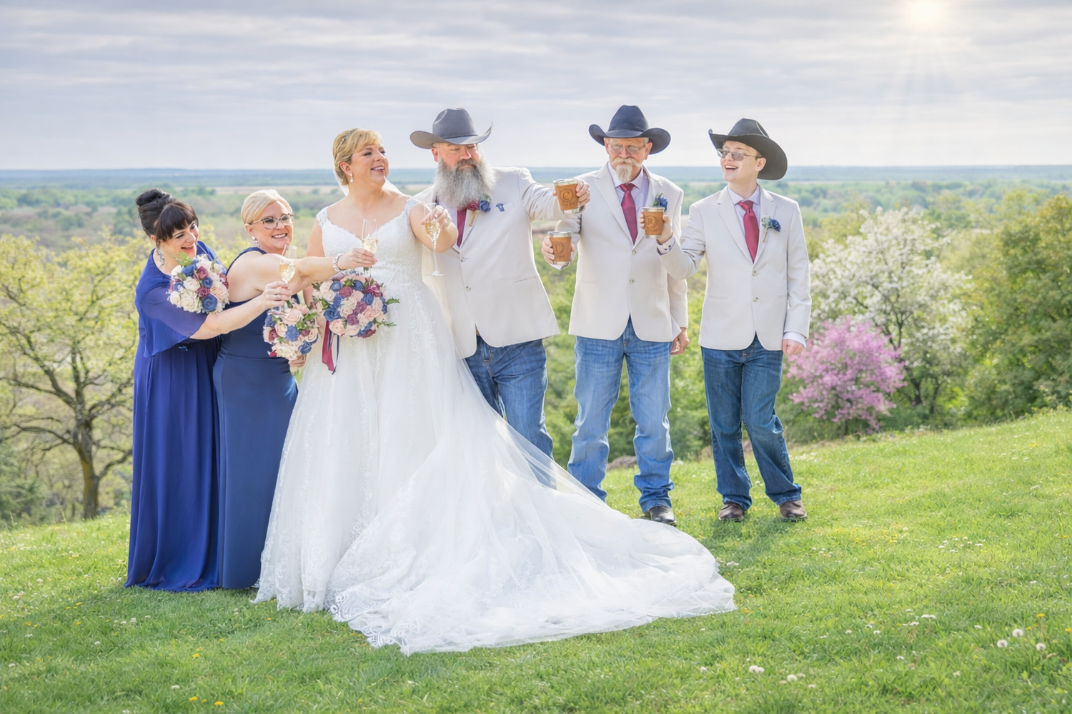Wedding party in cowboy hats toasting drinks outdoors, bride in white gown with blue bridesmaid dresses on green hill.