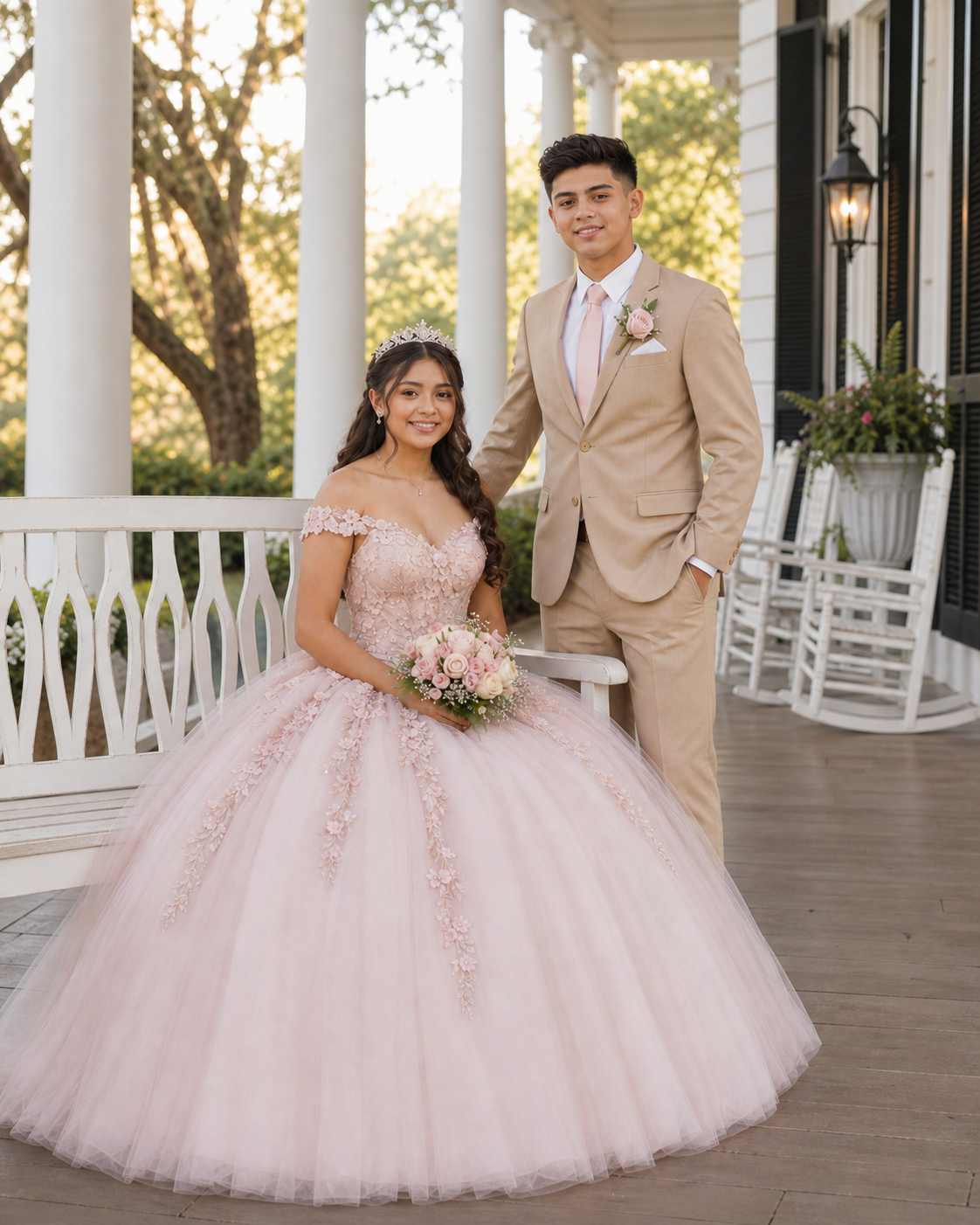 Couple on porch in blush quinceañera gown and khaki suit holding pink bouquet at sunset venue.