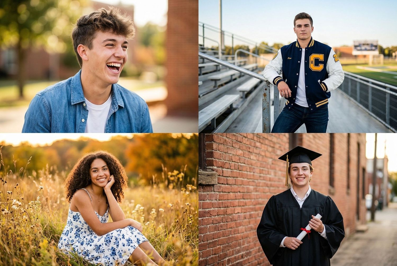 A collection of outdoor portrait photographs showing people in casual and graduation attire in various natural and urban settings.