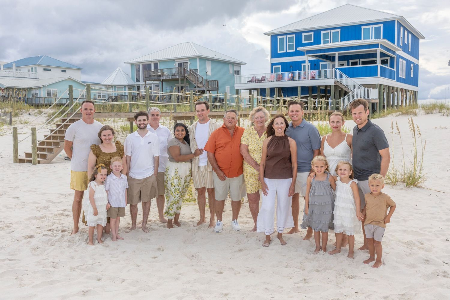 A series of beach vacation photos showing groups of people posing together on a sandy shoreline at sunset.