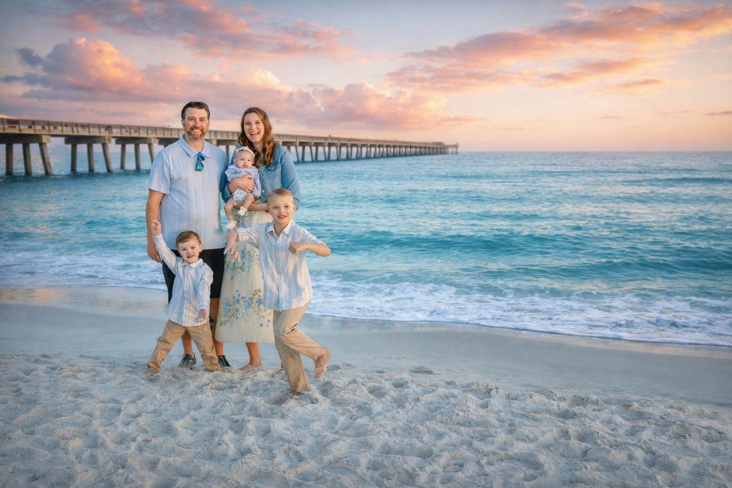 A group stands together on a sandy beach at sunset with a long pier and pastel-colored sky in the background.