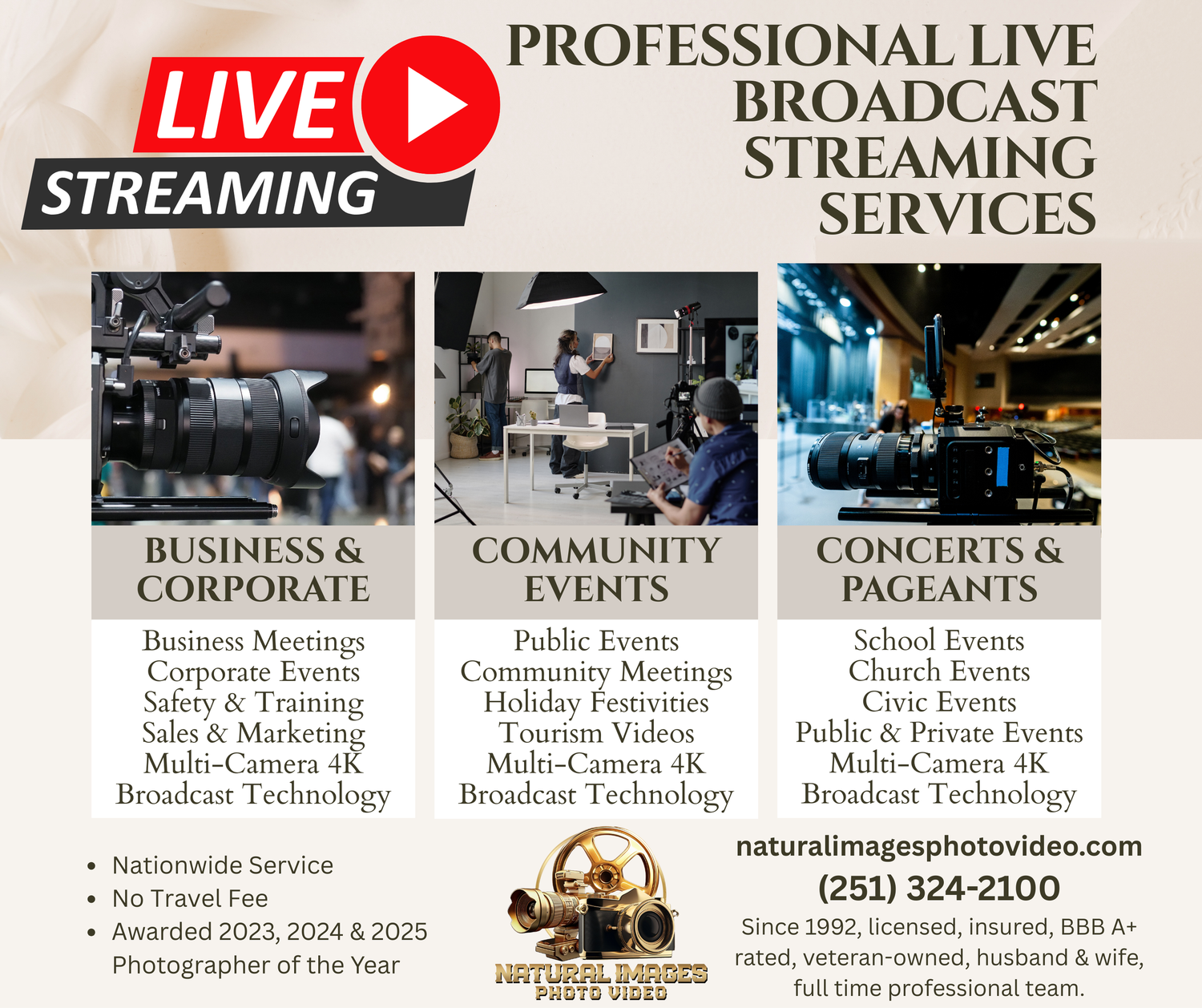 Professional live streaming and broadcast technology services banner showcasing different event categories and equipment.