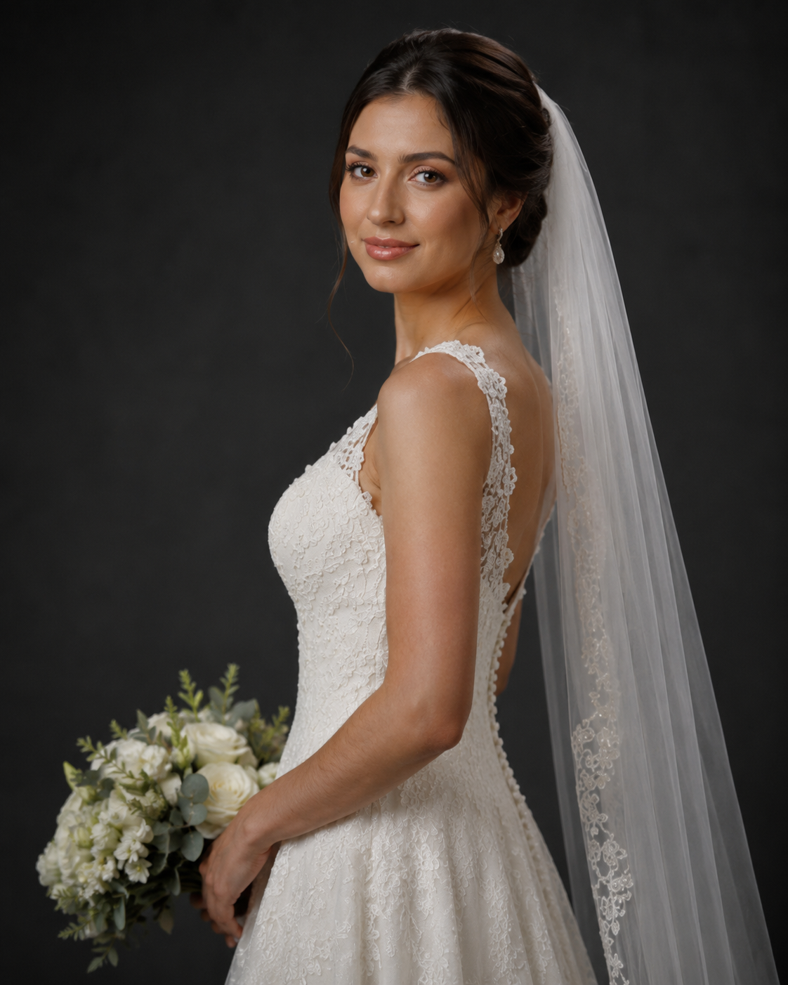 Bride in backless lace wedding gown with cathedral veil, holding white floral bouquet.