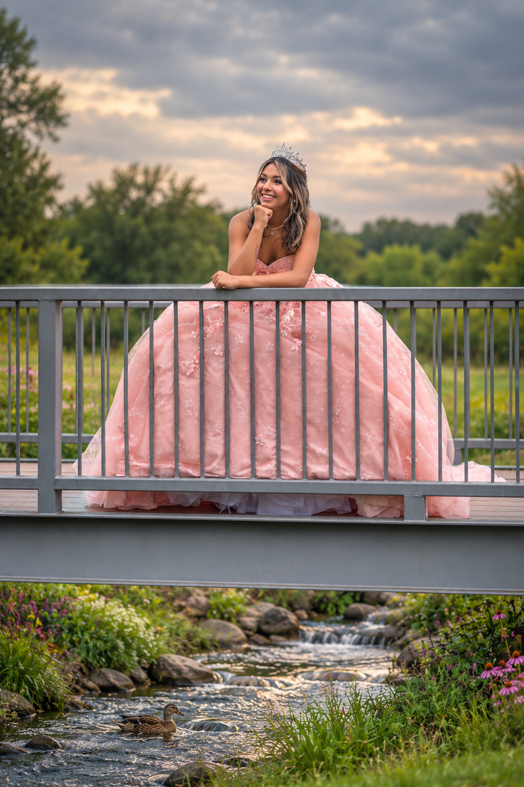 Young woman in pink ball gown and tiara poses gracefully on a bridge over a stream at sunset.