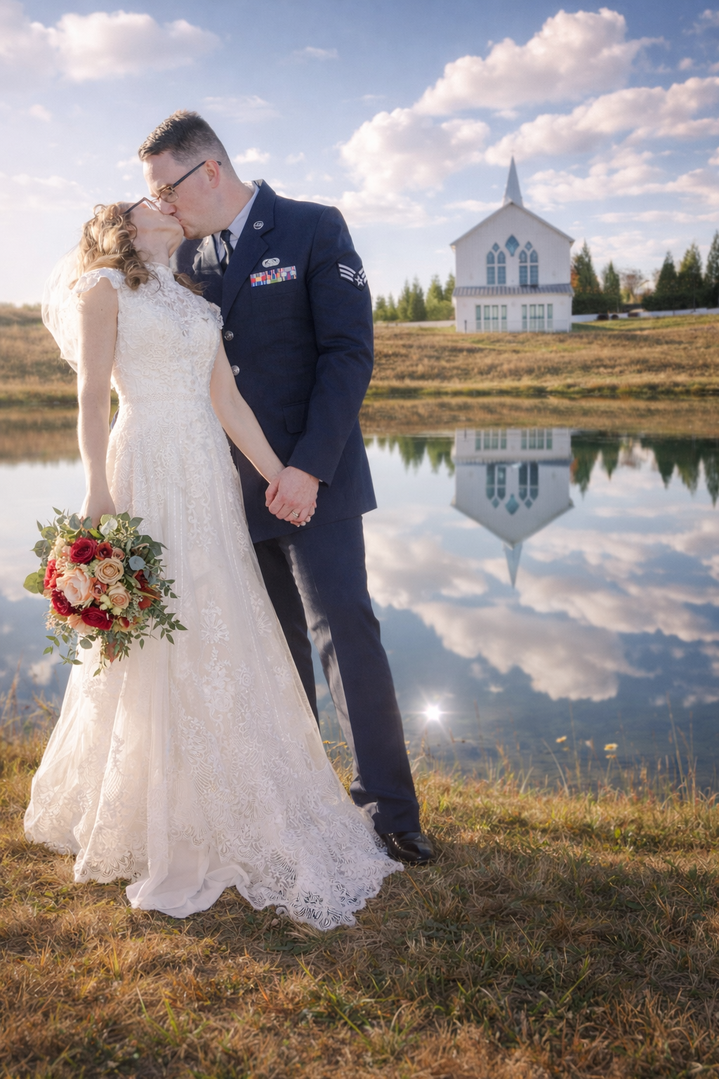 A couple shares a romantic moment by a serene lake with white clouds reflecting in the water and a house in the background.