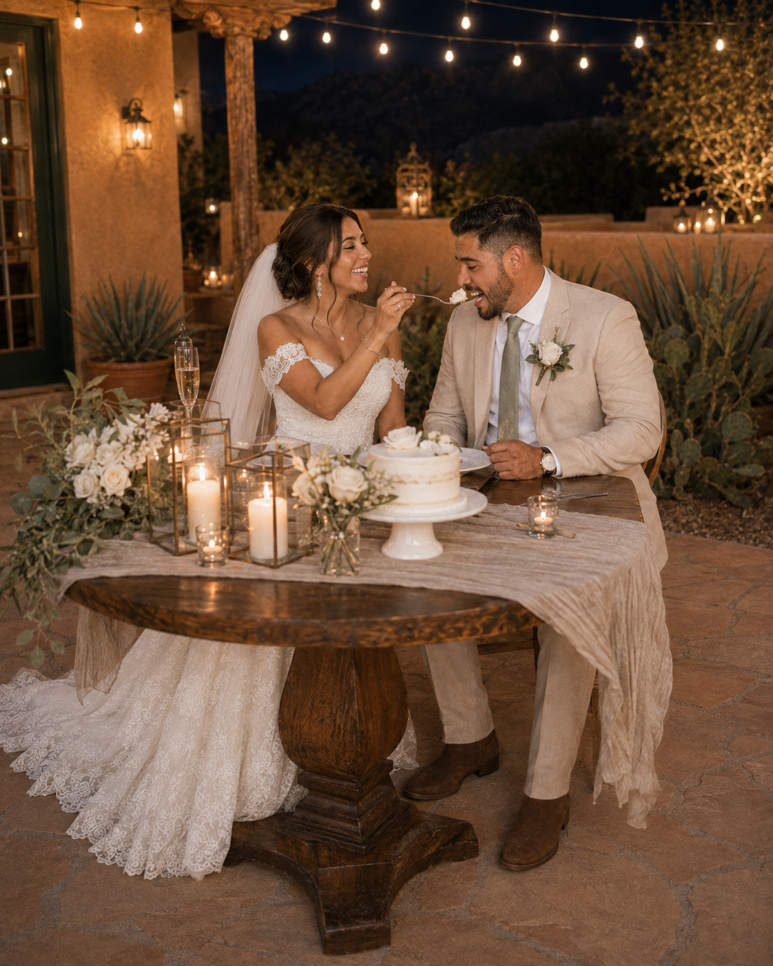 Bride and groom share wedding cake at candlelit outdoor reception table with white florals and string lights at night.