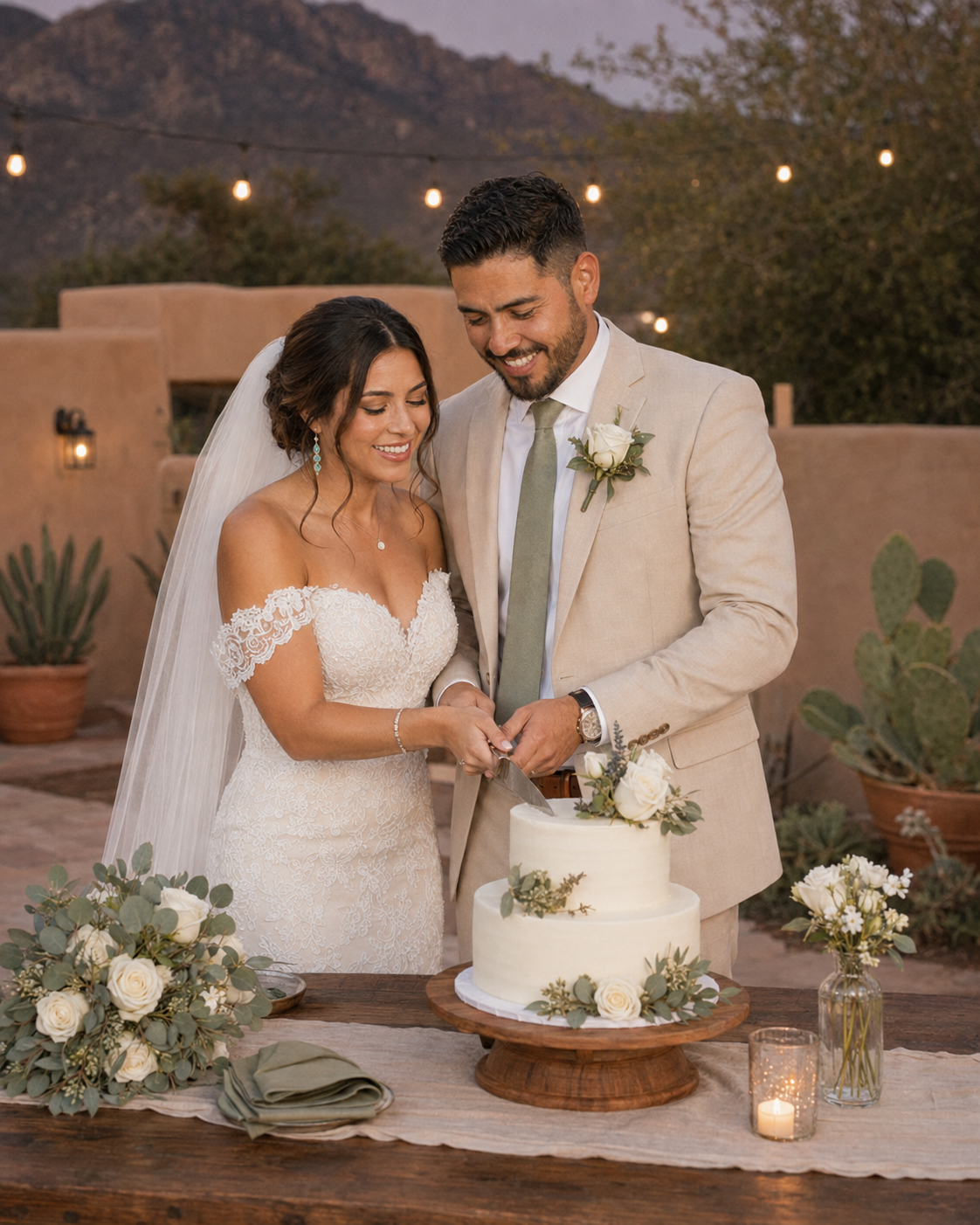 Bride and groom cutting white two-tier wedding cake outdoors at dusk with string lights and desert backdrop.