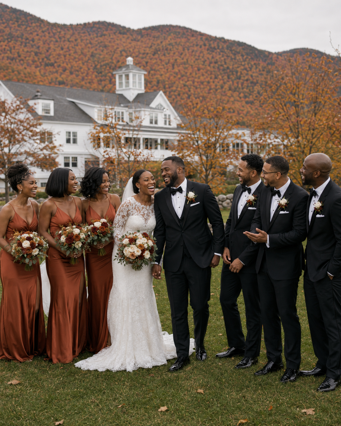 Wedding party in fall foliage with bride in lace gown, bridesmaids in rust dresses, groomsmen in black tuxedos.