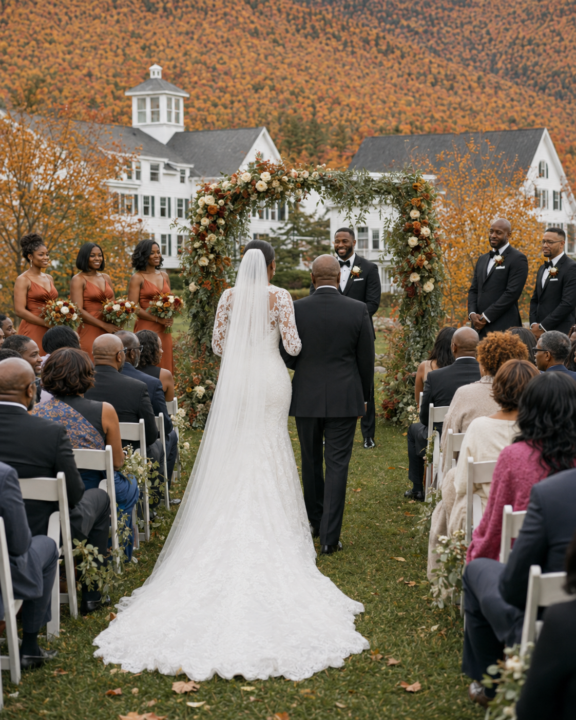 Outdoor fall wedding ceremony with bride in lace gown walking down aisle toward floral arch, guests seated, colorful foliage backdrop.