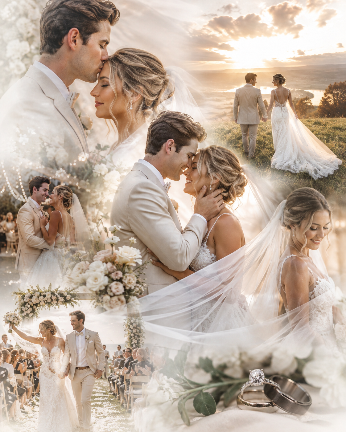 Romantic wedding photo collage featuring couple in white attire, outdoor ceremony, sunset backdrop, floral arrangements, and diamond ring.