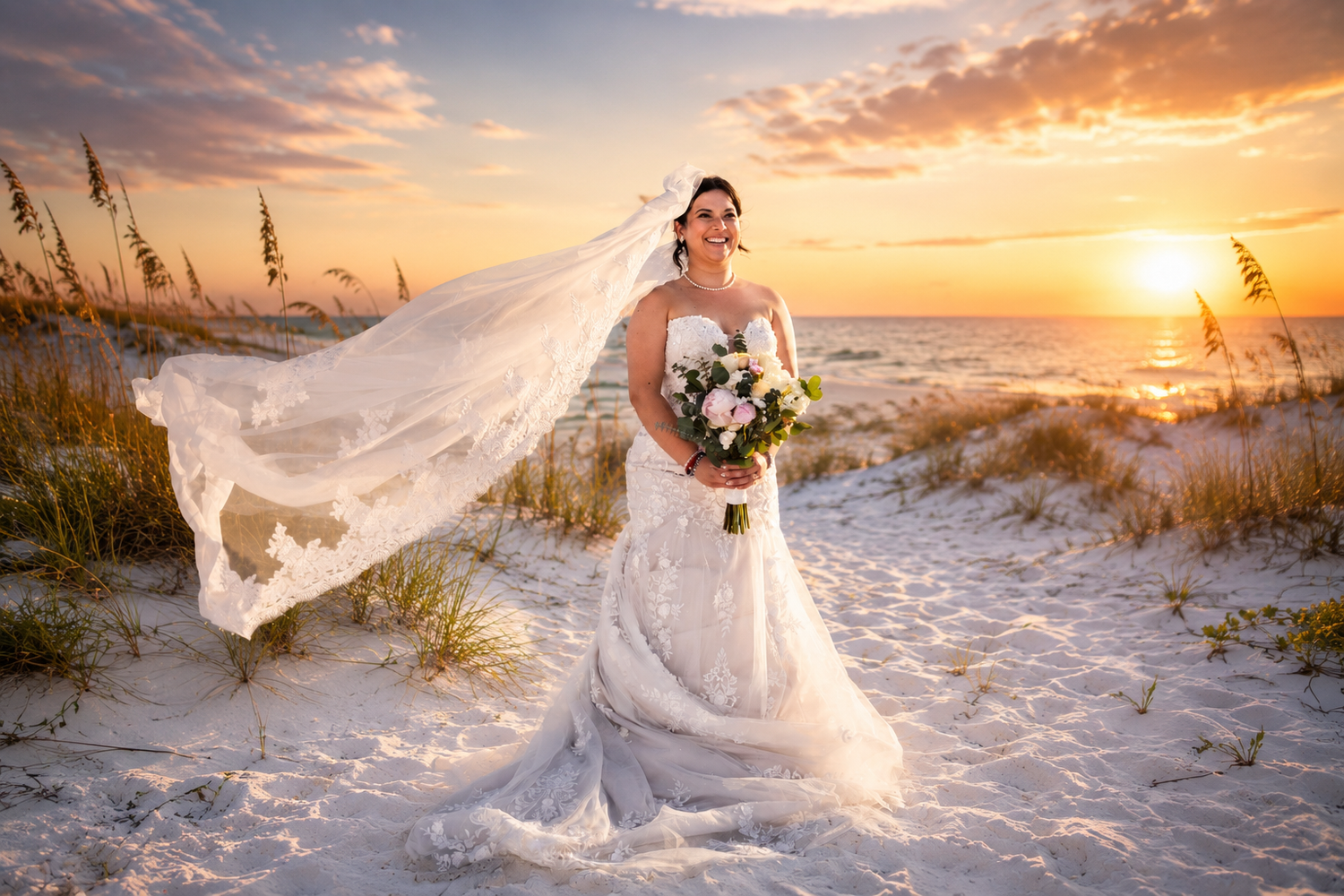 Bride in white gown with flowing veil on sandy beach at golden sunset, holding floral bouquet.