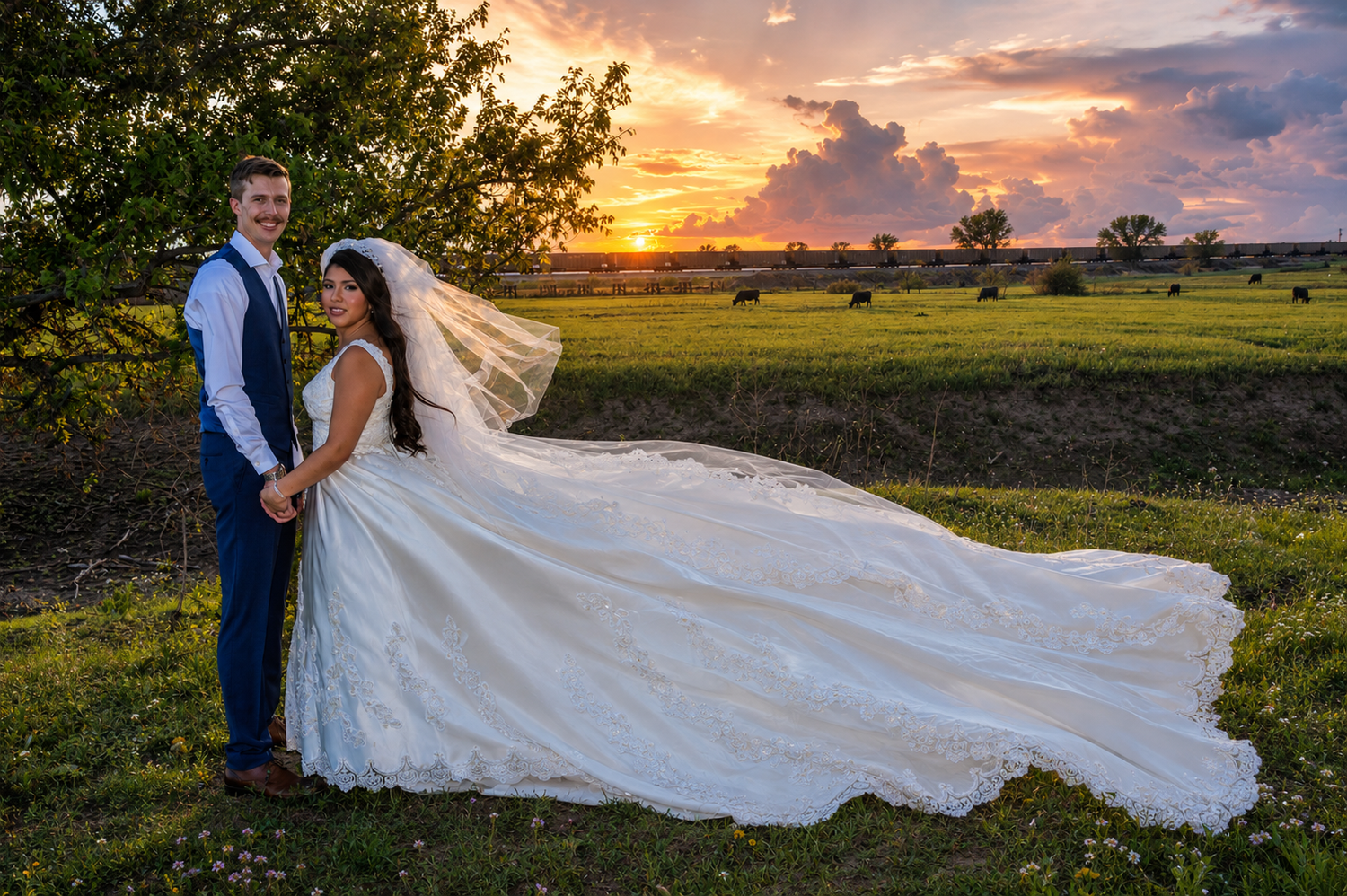 Bride and groom pose at sunset in a field, her lace veil flowing dramatically in the wind against a vivid orange sky.