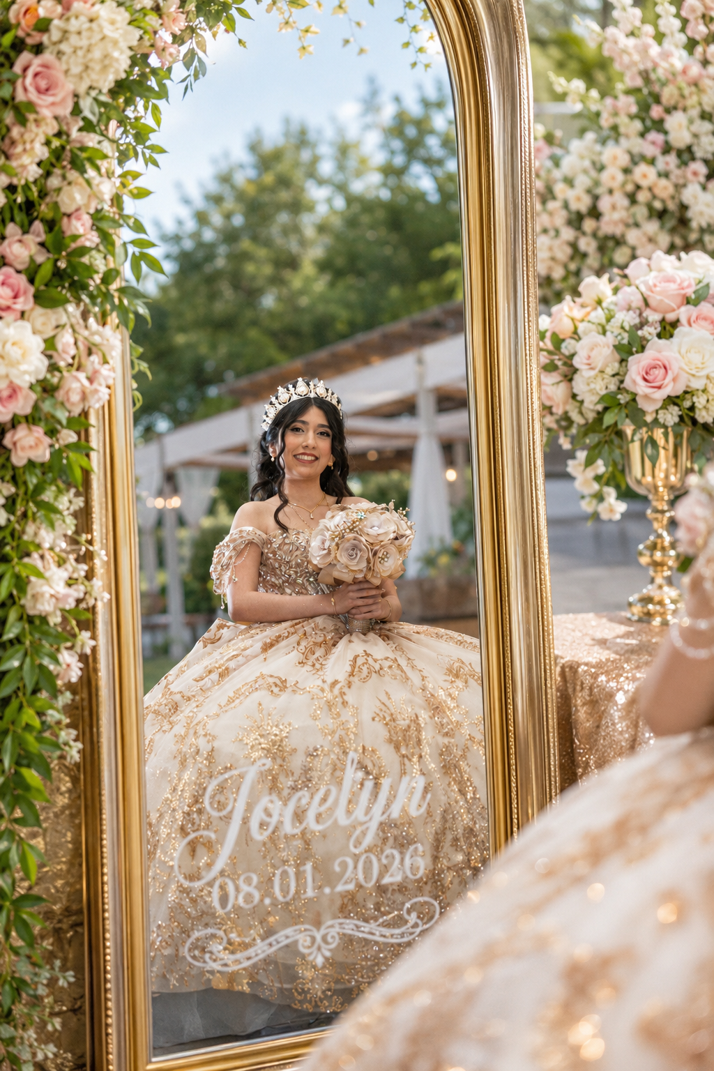 Young woman in gold quinceañera gown holds bouquet before ornate mirror reading Jocelyn 08.01.2026.