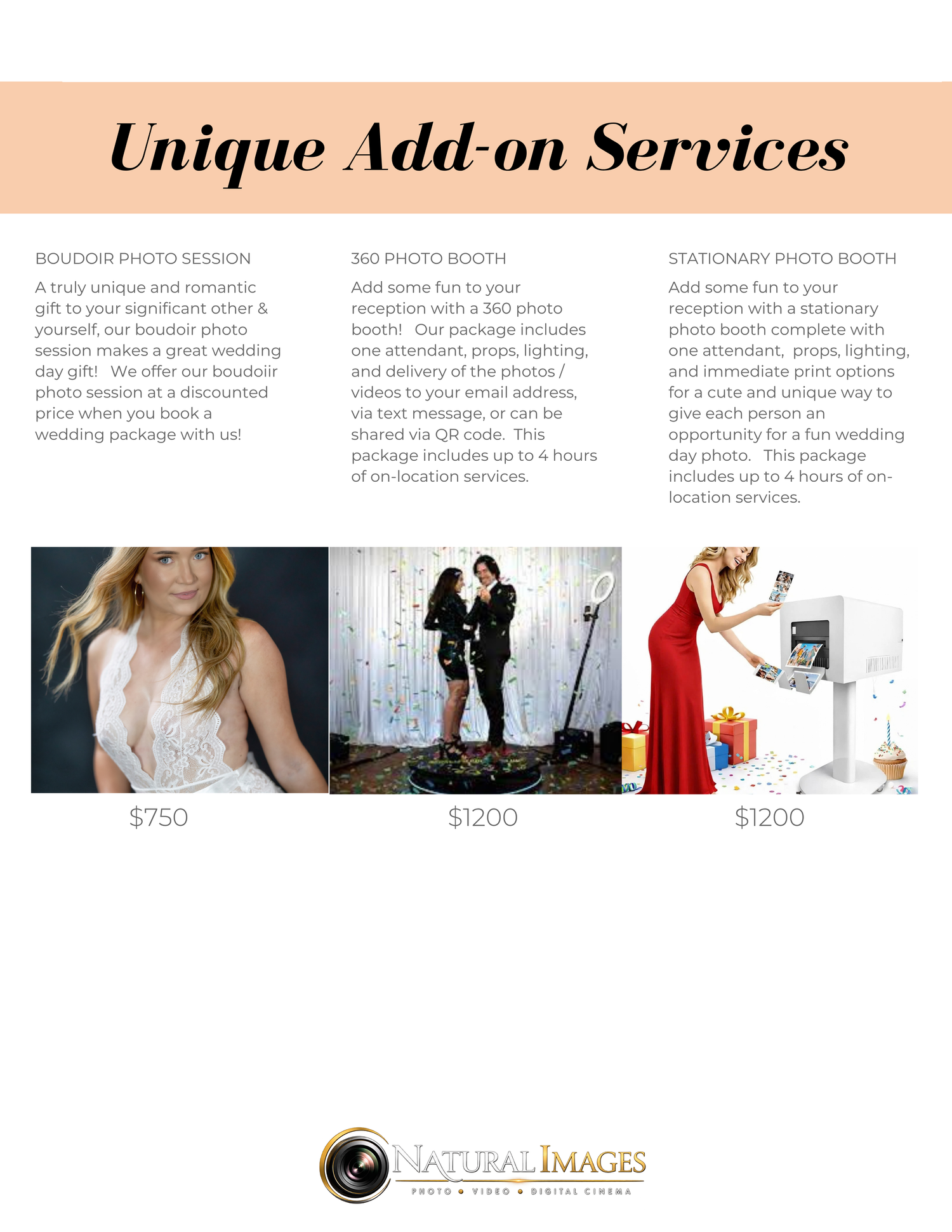 Unique add-on wedding services flyer featuring boudoir, 360, and stationary photo booth packages starting at $750.