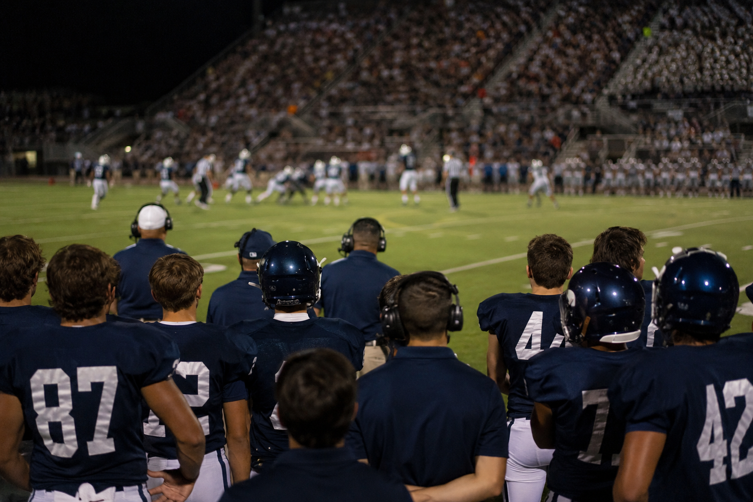 Football players in navy uniforms watch from the sideline during a packed night game.