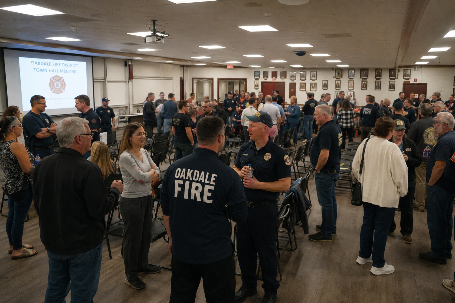 Oakdale Fire Department personnel mingle with community members at a packed indoor public meeting event.