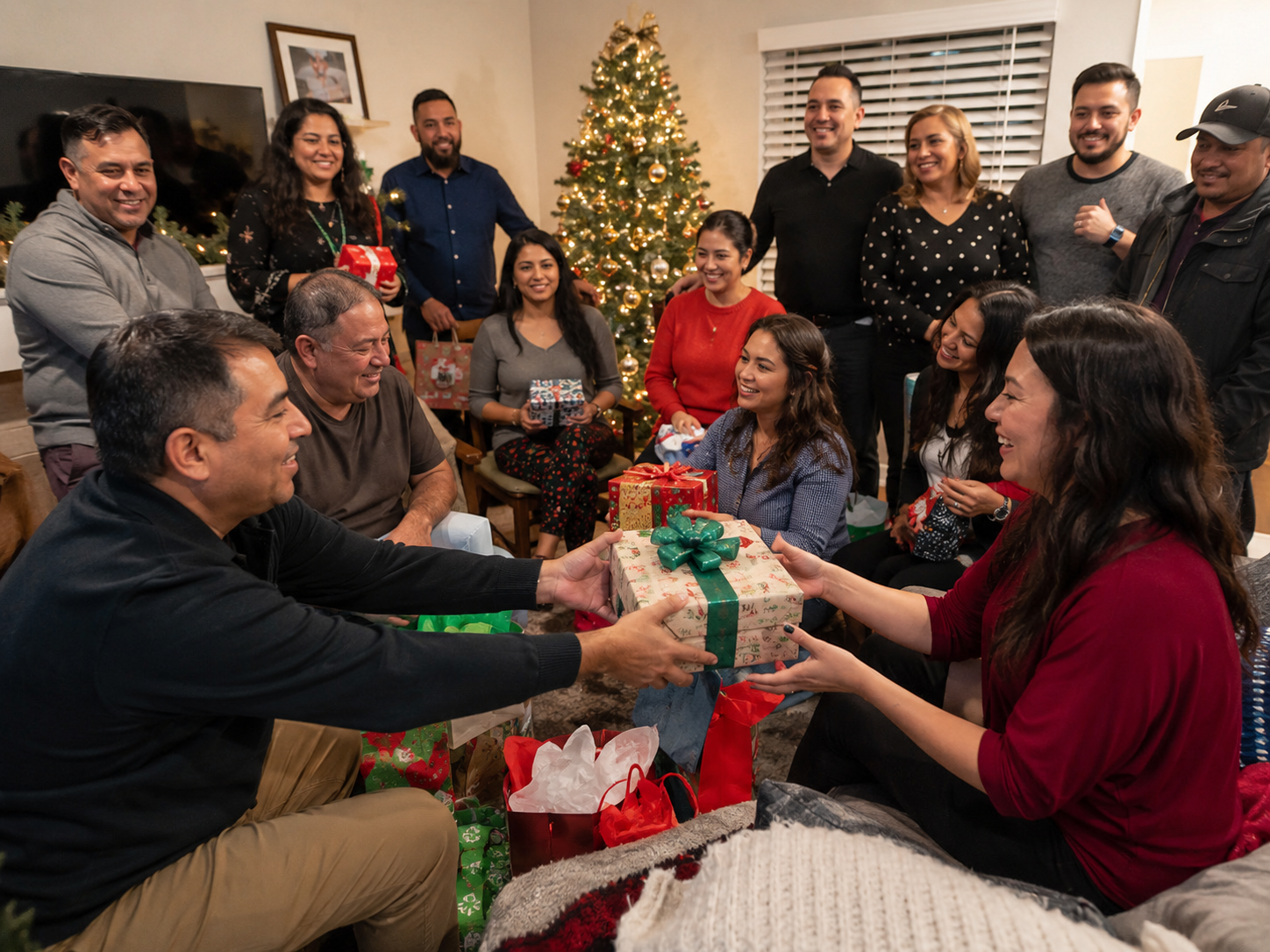 Family gathers around Christmas tree exchanging wrapped gifts during festive holiday celebration.