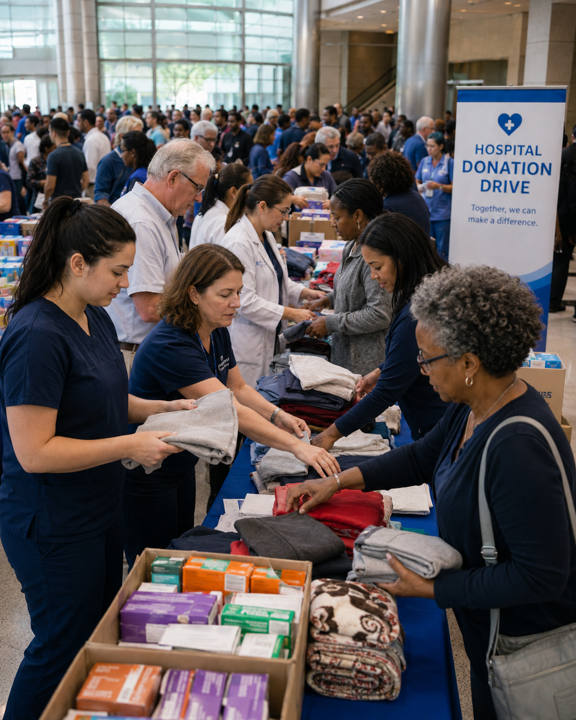 Hospital staff and volunteers sorting donated clothing and supplies at a busy hospital donation drive event.