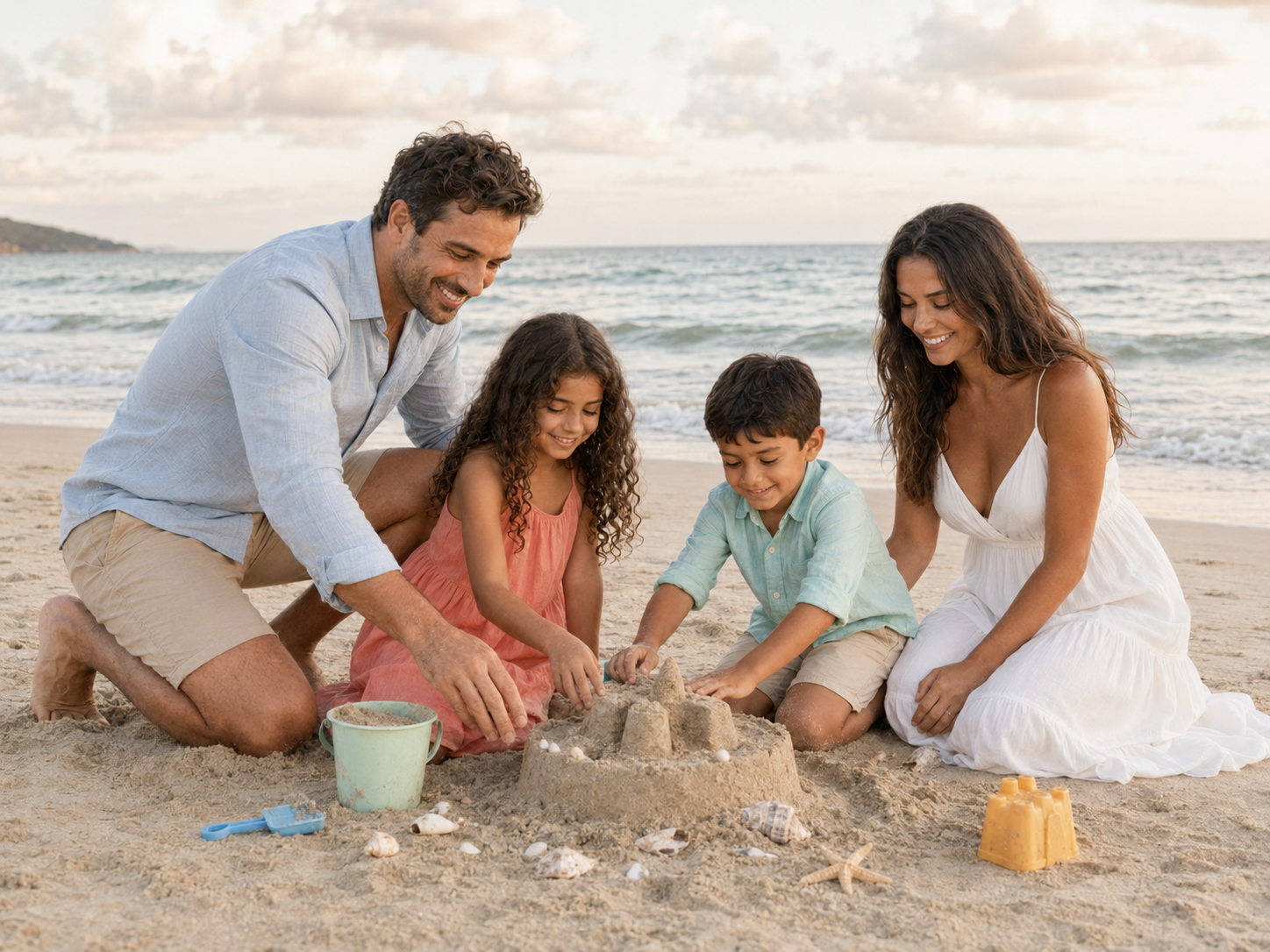 Family of four building a sandcastle together on a sunny beach, smiling and enjoying quality time outdoors.
