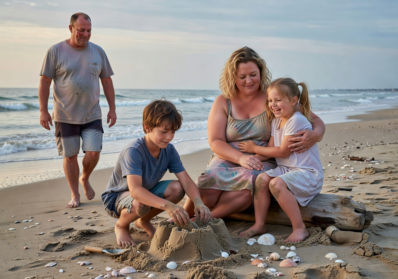 Family of four enjoying a beach day building sandcastles, mother hugging daughter while son plays in sand near shoreline.
