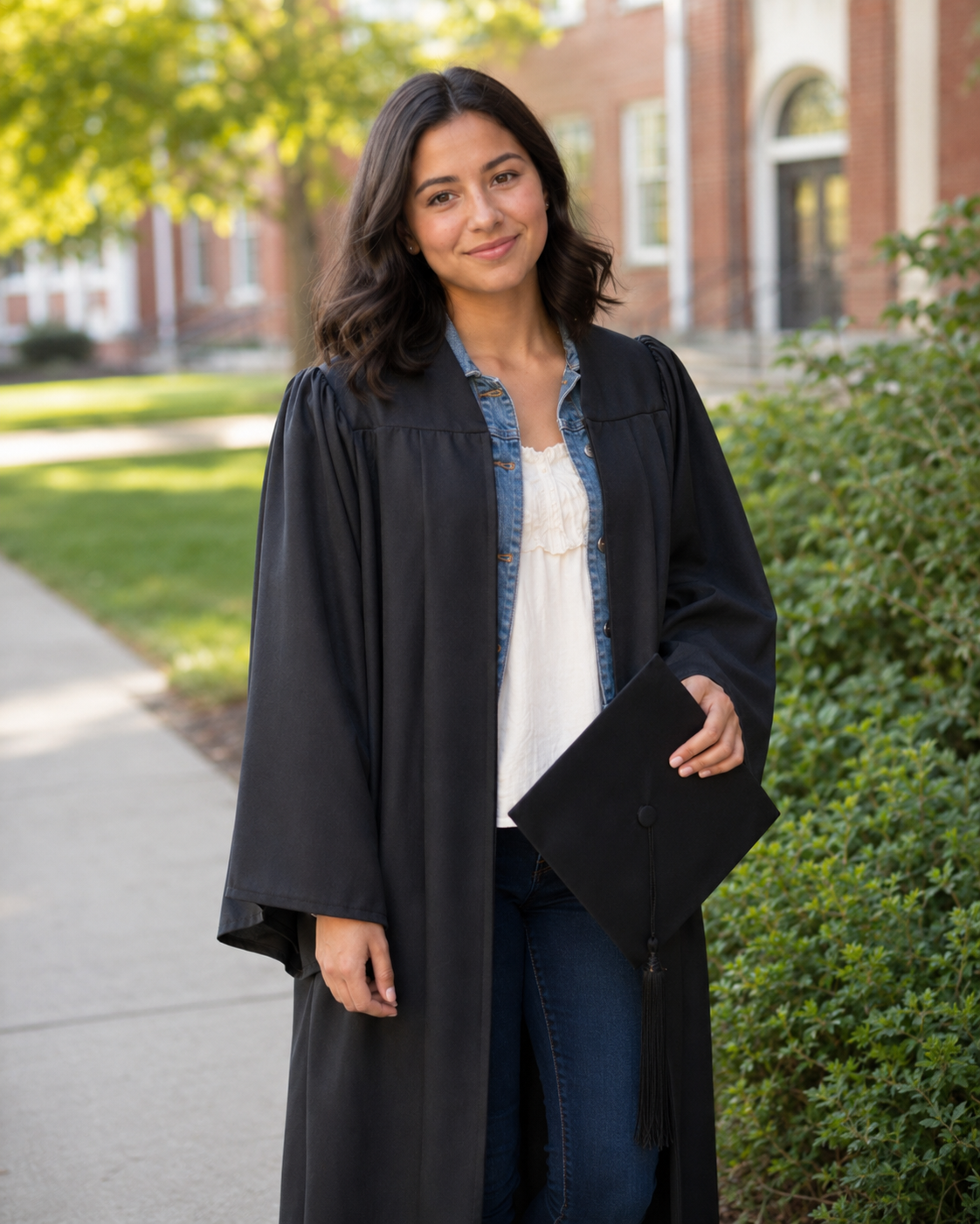 Smiling graduate in black graduation gown holding cap on college campus walkway.