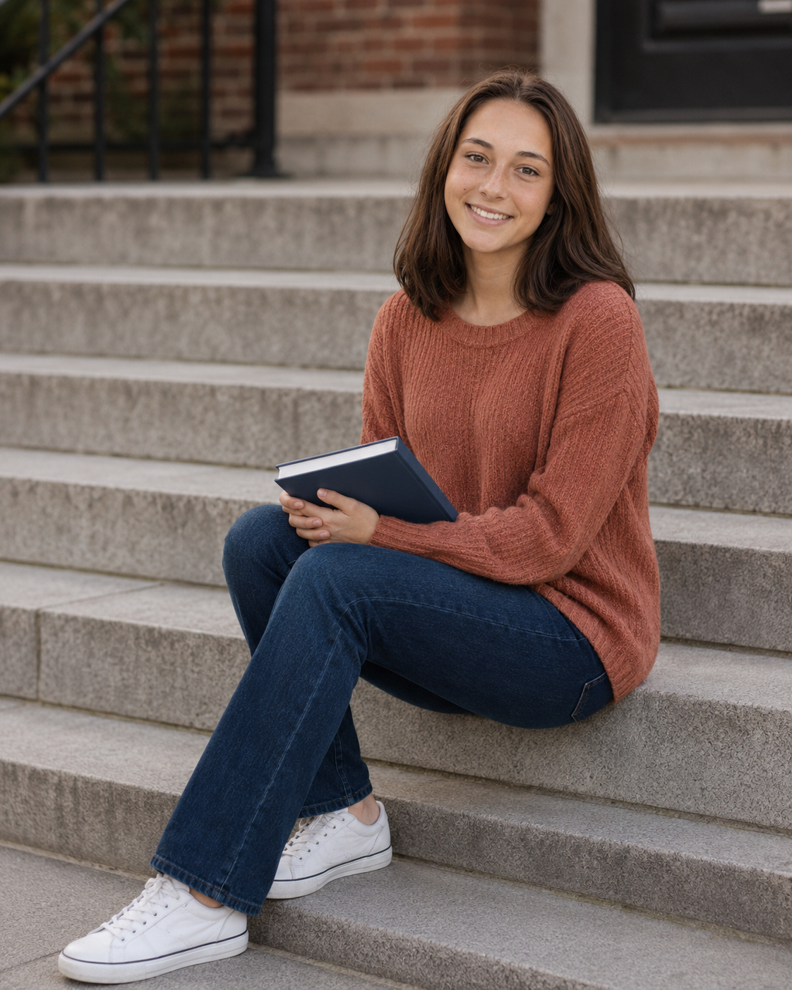 Young woman in rust sweater and jeans sits on stone steps holding a book, smiling outdoors.